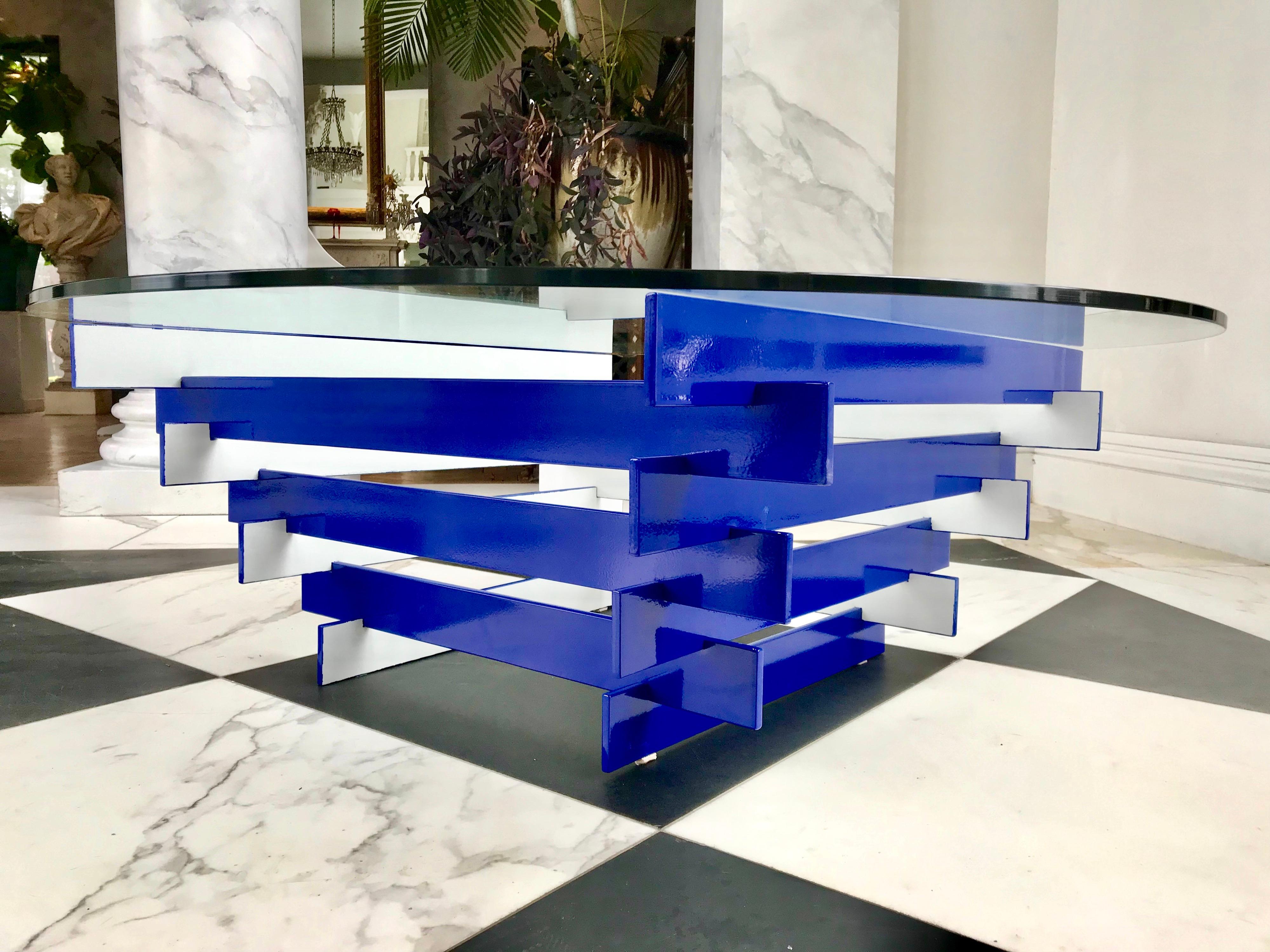 Modern Blue and White Chevron Style Glass Top Coffee Table For Sale