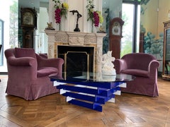 Blue and White Chevron Style Glass Top Coffee Table