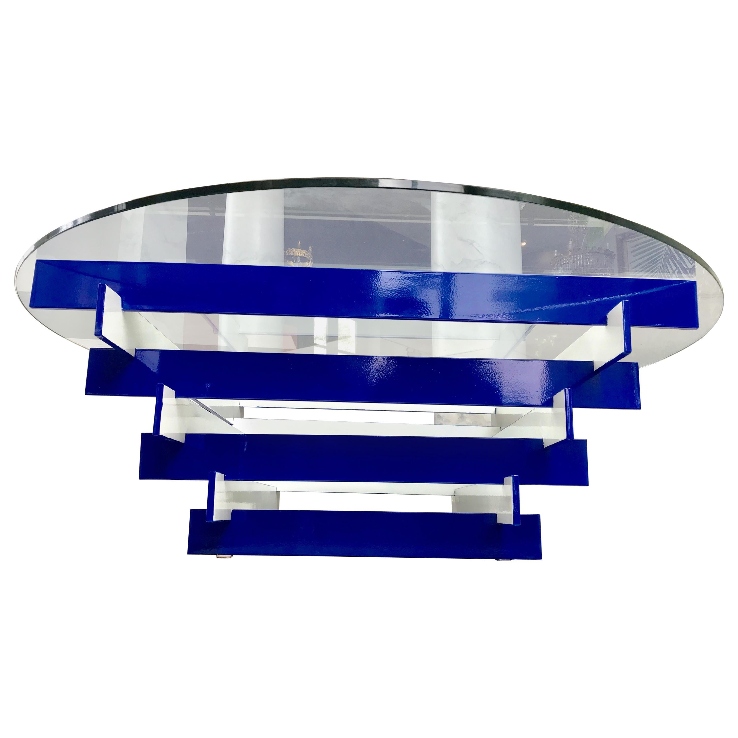 Blue and White Chevron Style Glass Top Coffee Table