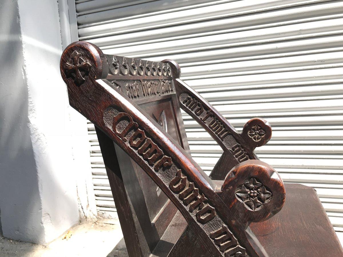 Hand-Carved Architectural Gothic Revival Oak Glastonbury Chair in the Style of E W Pugin