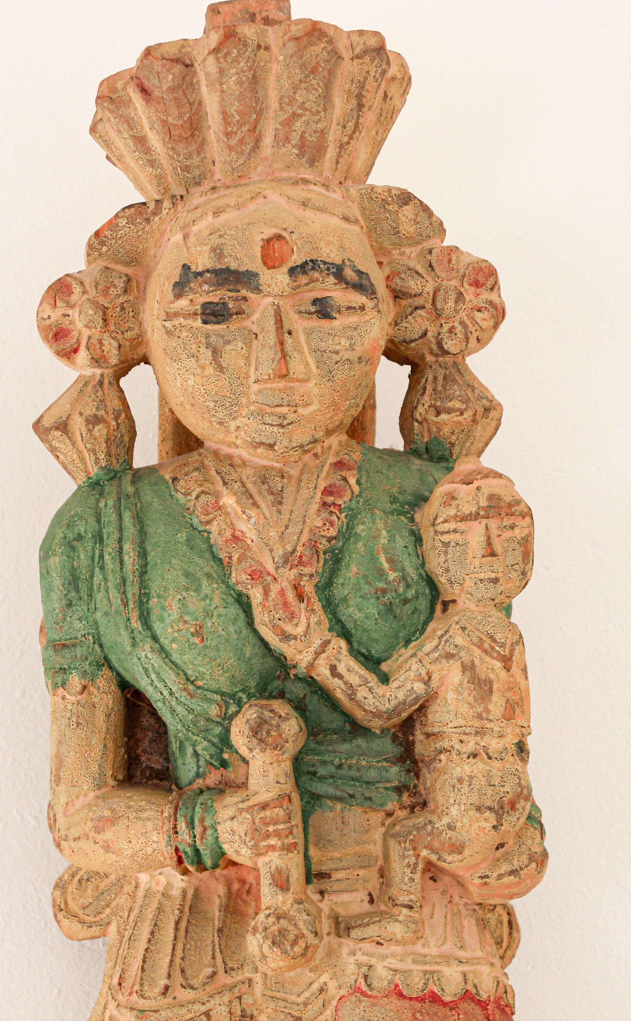 Architectural Hand Carved Wood Temple Sculpture of Mother and Child from India 3