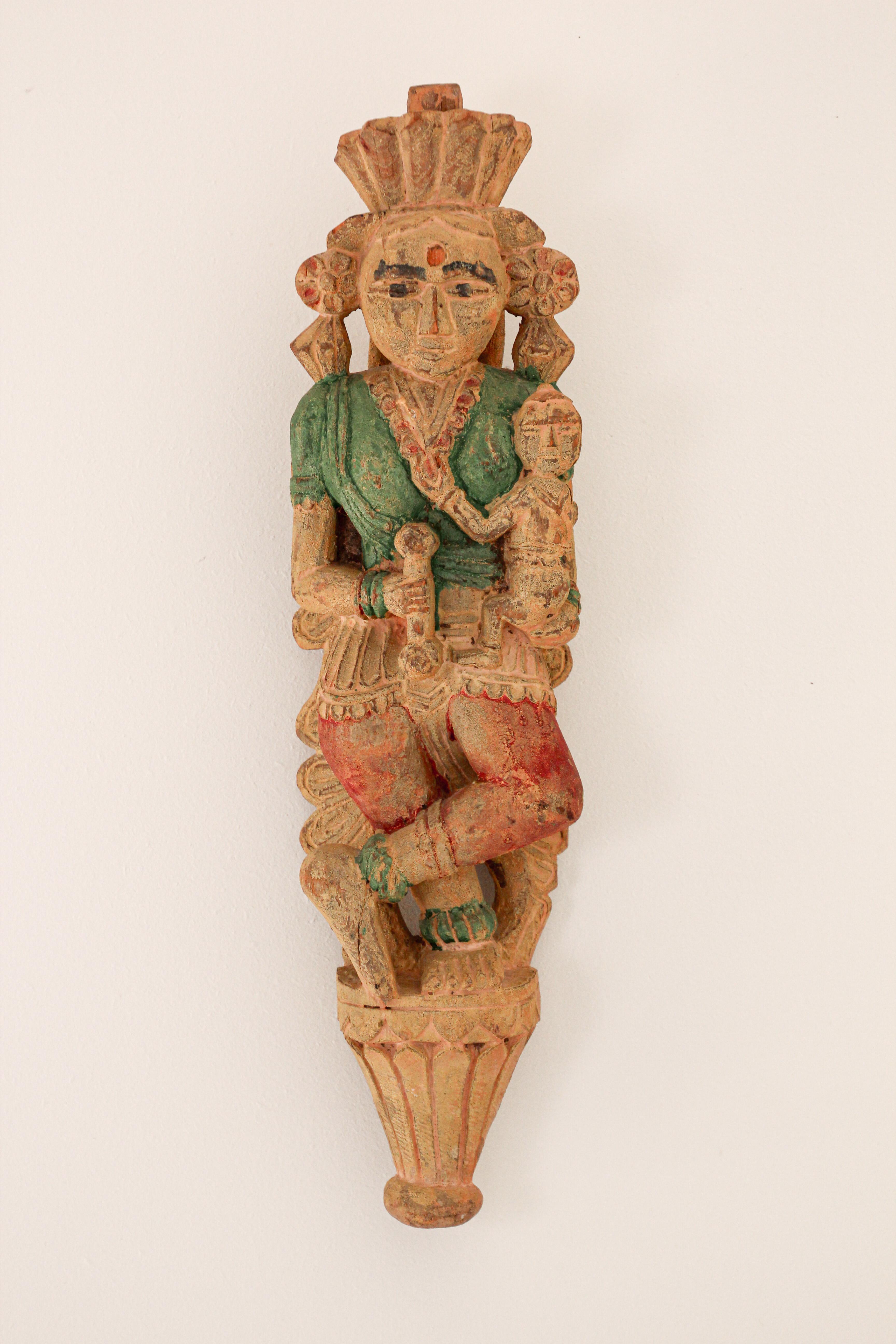 Architectural Hand Carved Wood Temple Sculpture of Mother and Child from India 9