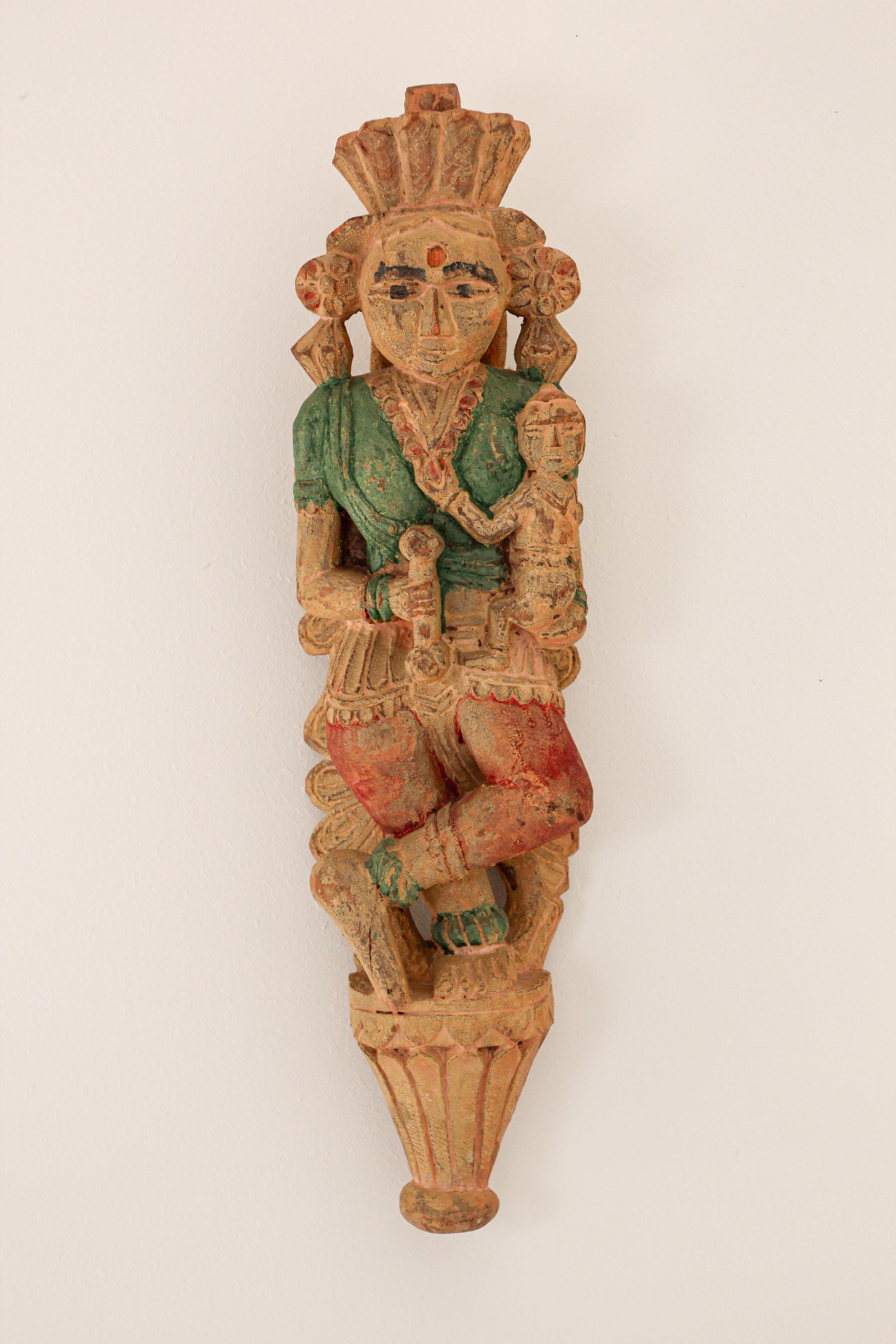 Architectural Hand Carved Wood Temple Sculpture of Mother and Child from India 10