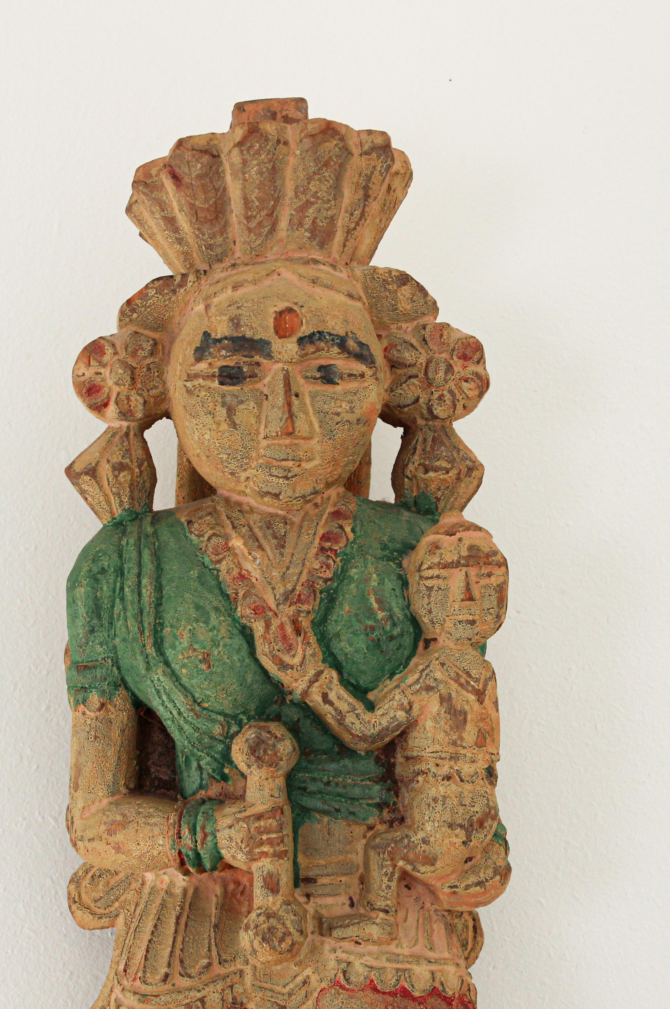 18th Century Architectural Hand Carved Wood Temple Sculpture of Mother and Child from India
