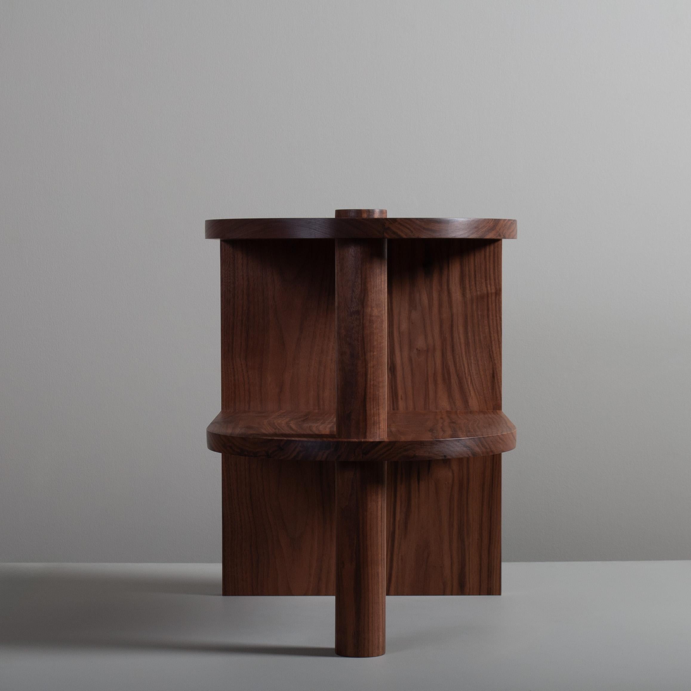 Architectural postmodern/Art Deco American black walnut pillar end or side table. Design by Sum furniture and handcrafted in England using traditional techniques using the finest American Black Walnut. Hand-cut large dovetail jointing with turned