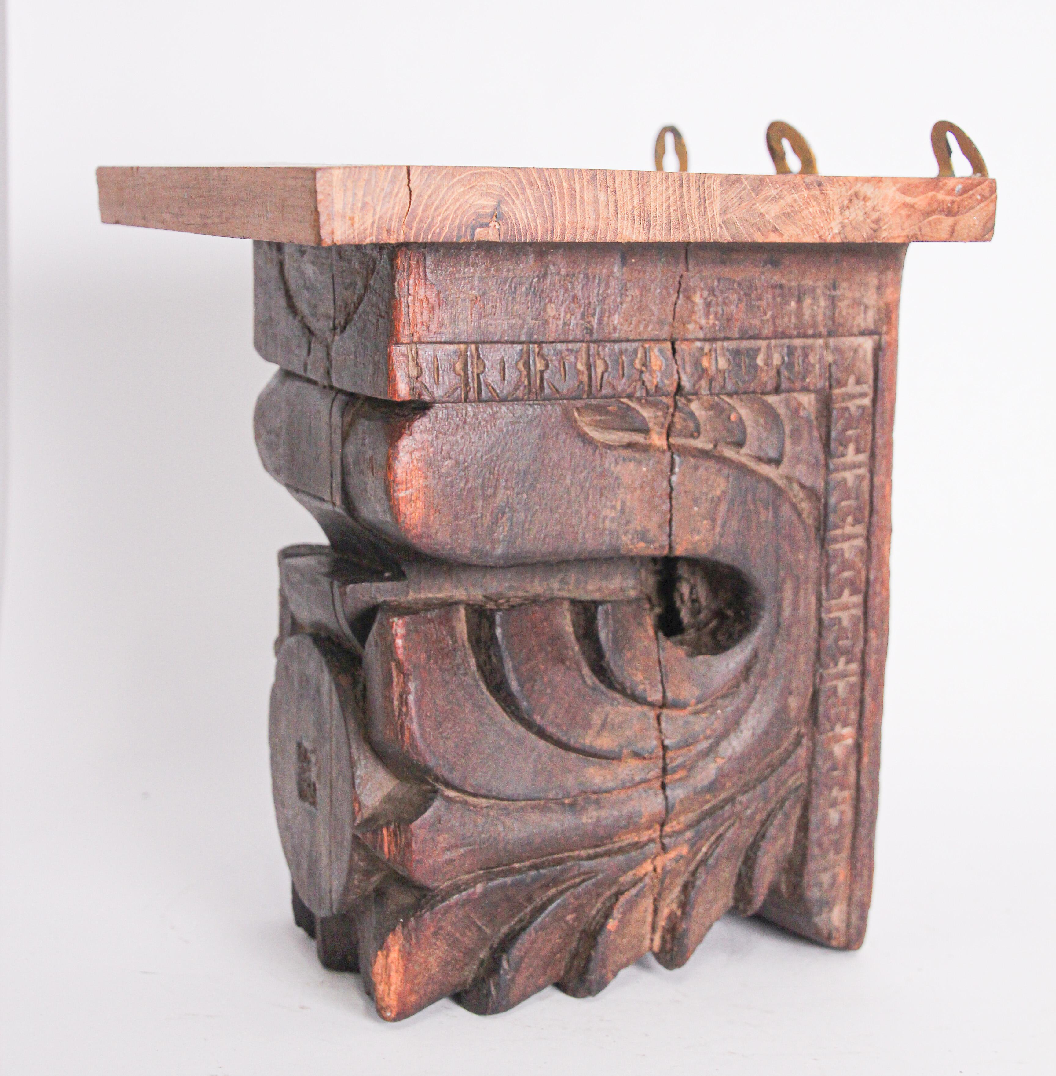 Indian Architectural Hindu Temple Carved Wood Fragment from India For Sale