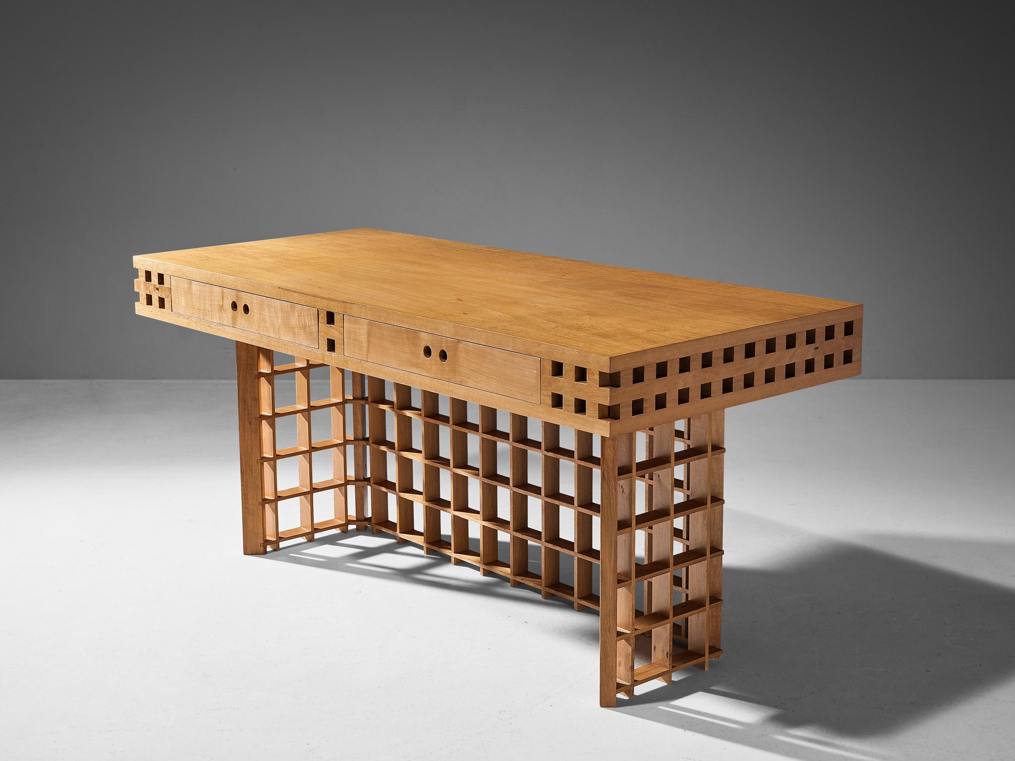 Desk, walnut, Italy, 1980s

Made in Italy, this writing desk is executed with utmost precision. The stabile and well-balanced construction is established by means of strict geometric forms and straight lines. The outer frame of the thick tabletop