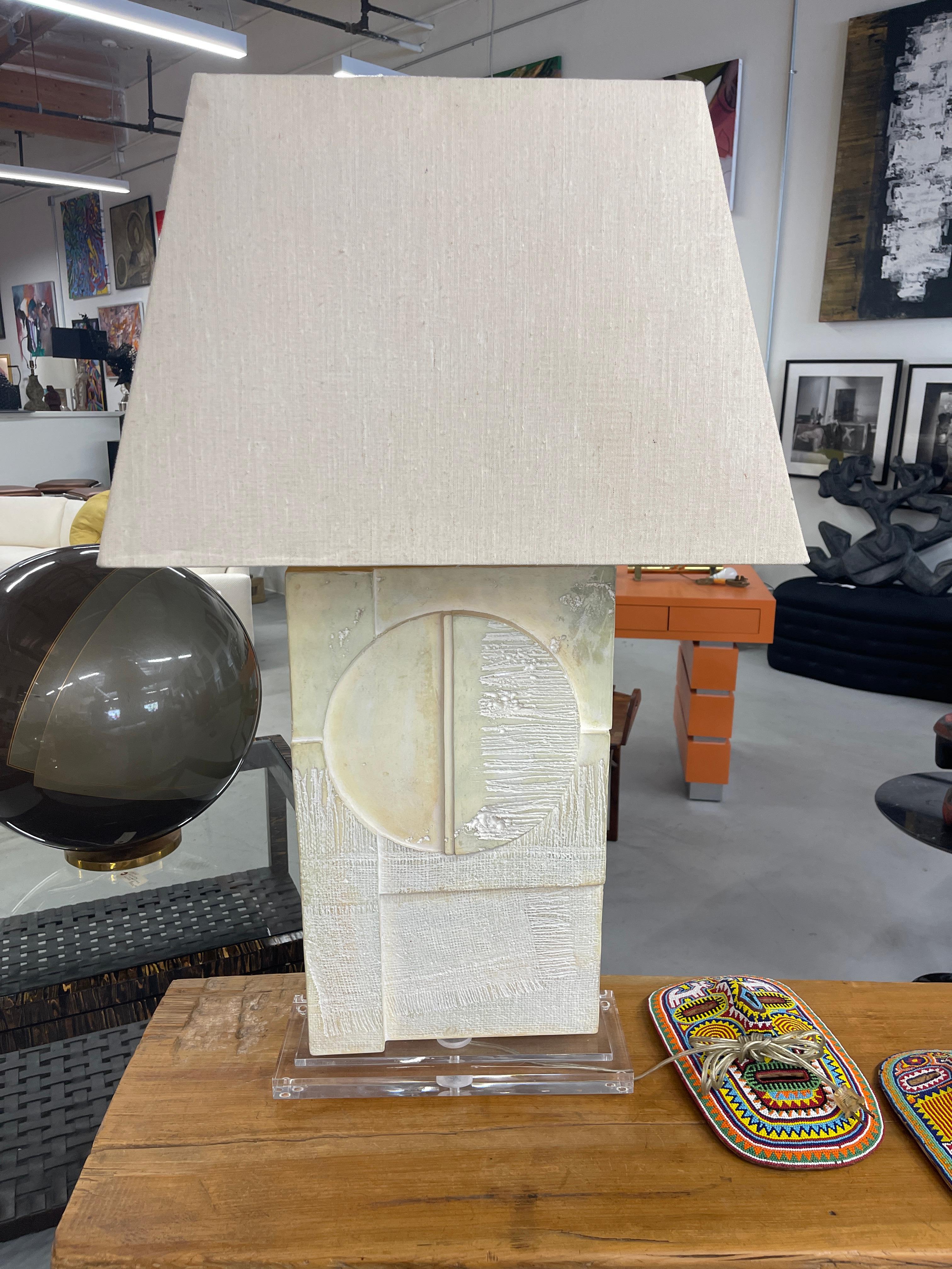 Nice architectural lamp signed Casual lamps 1988. Included is the original linen look shade. Lamp is functional. The lamp is in good age appropriate condition with some minor wear and imperfections. The original shade has a crease, picture in the