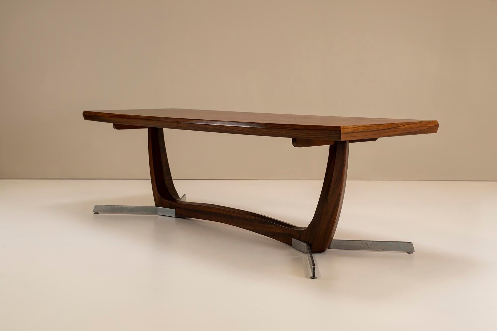 European Architectural Large Coffee Table in Rosewood Veneer and Metal, 1960s For Sale