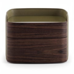 Architectural Leather-Wrapped Curved Nightstand in Olive & Smoked Walnut
