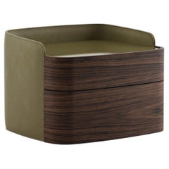 Architectural Leather-Wrapped Curved Nightstand in Olive & Smoked Walnut
