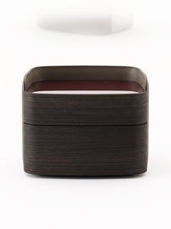 Architectural Leather-Wrapped Curved Nightstand in Warm Taupe & Smoked Oak