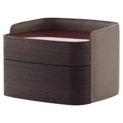 Architectural Leather-Wrapped Curved Nightstand in Warm Taupe & Smoked Oak