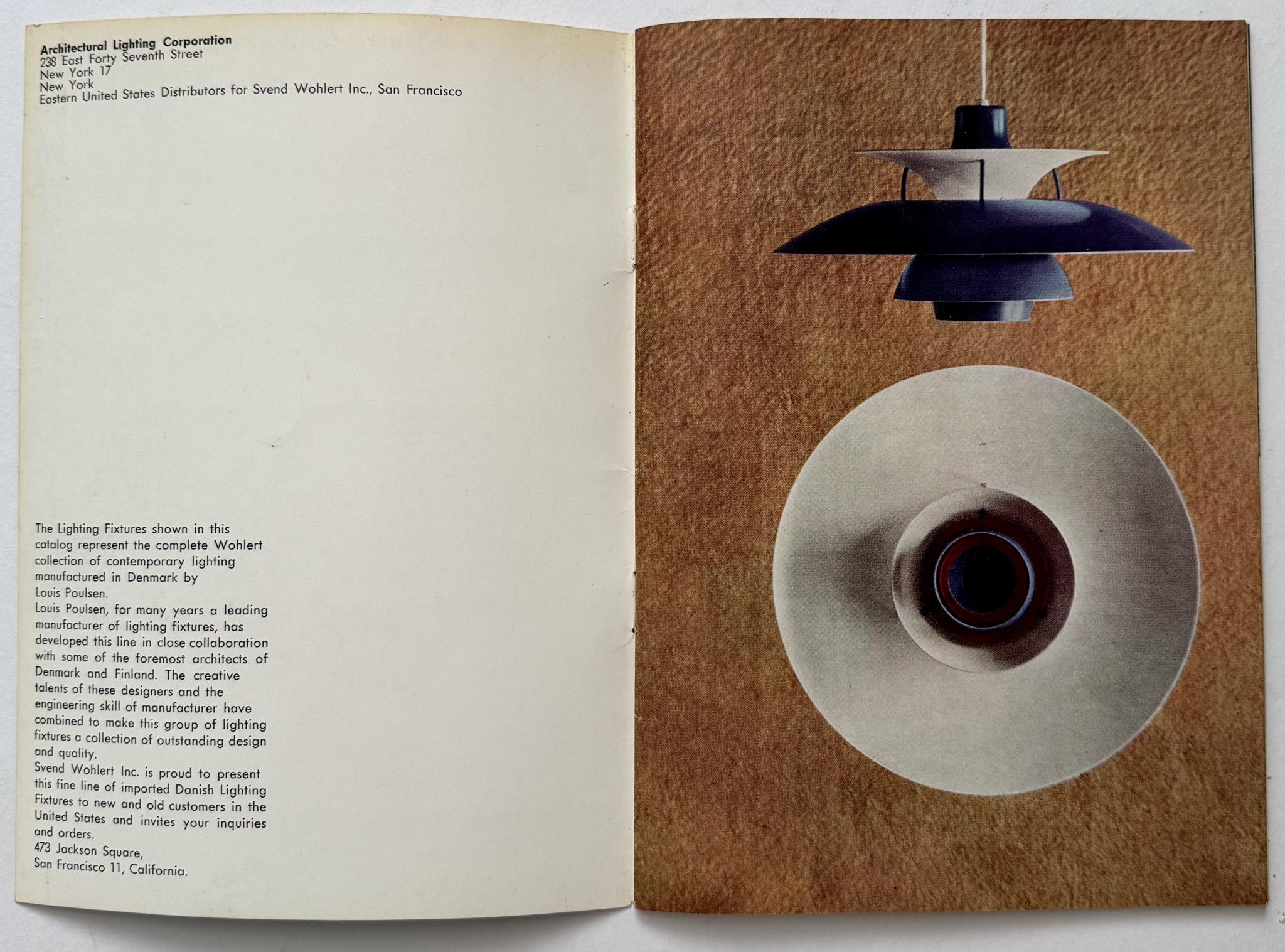 Lighting catalog (#C3) published in March, 1959 for the Architectural Lighting Corporation, Eastern United States distributors for Sveld Wohlert, Inc. of San Francisco. Wohlert was the U.S. distributor for the Danish lighting company Louis Poulsen,