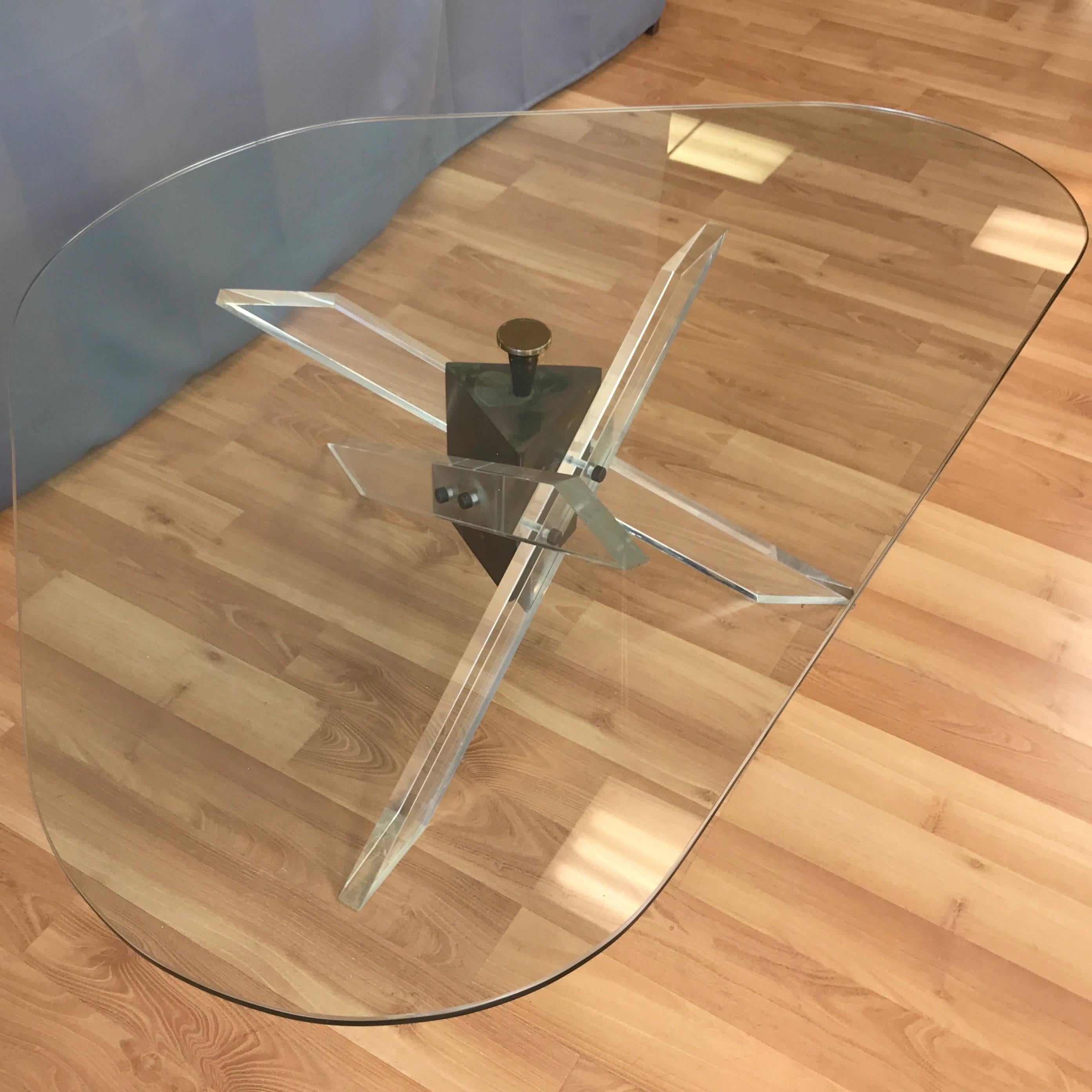 Architectural Lucite and Patinated Brass Tripod Base Coffee Table 9