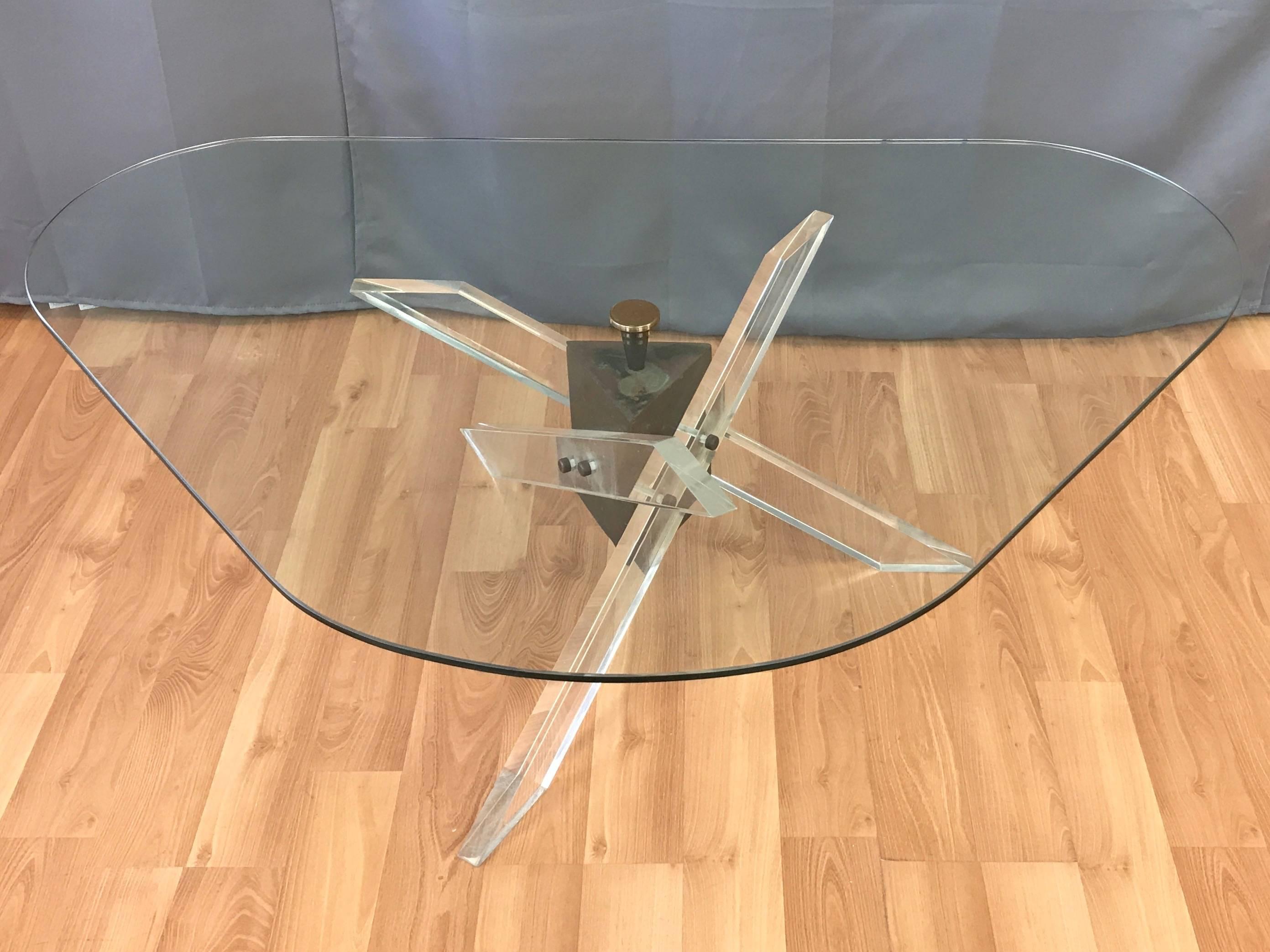 Minimalist Architectural Lucite and Patinated Brass Tripod Base Coffee Table
