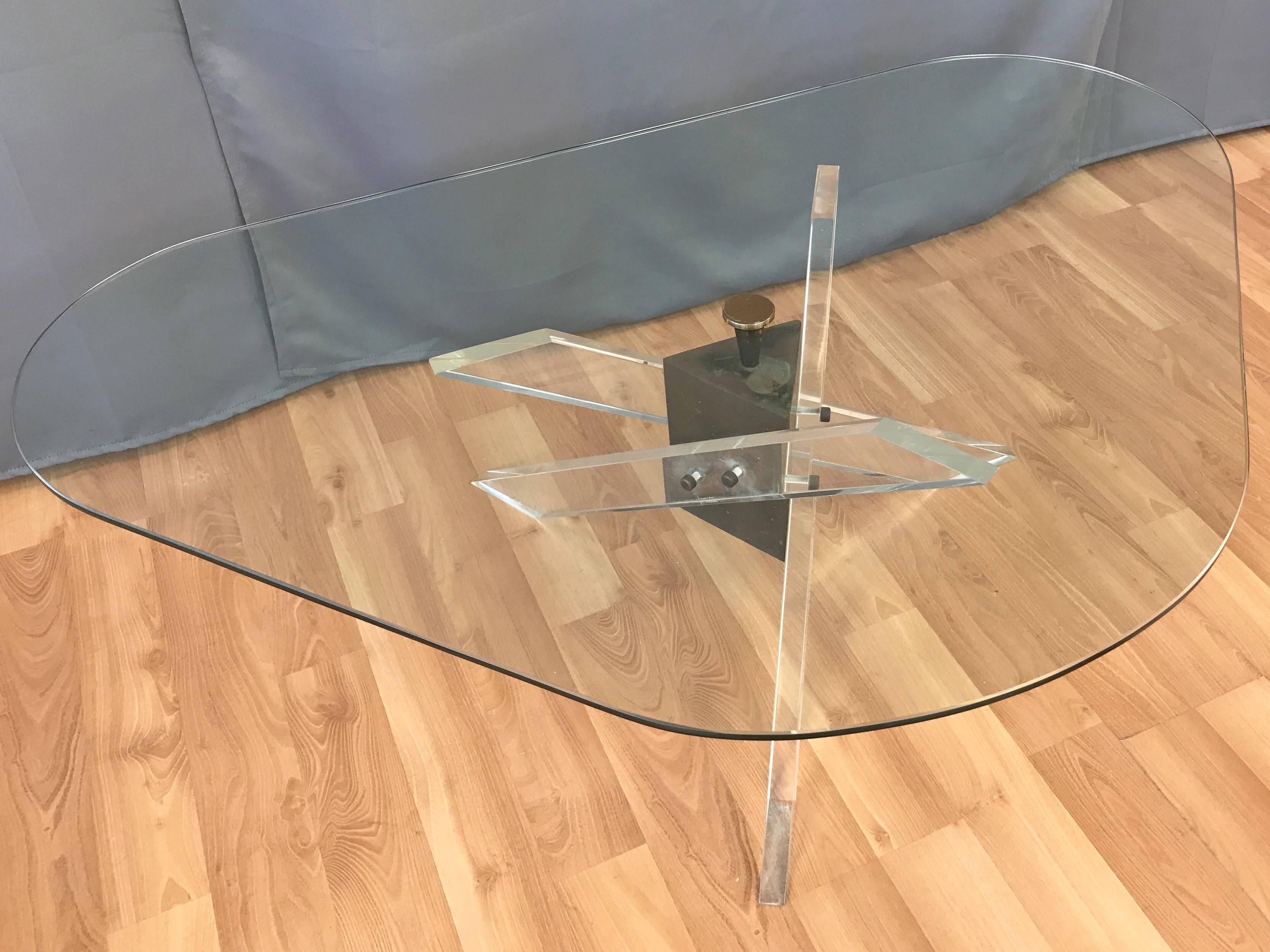 American Architectural Lucite and Patinated Brass Tripod Base Coffee Table