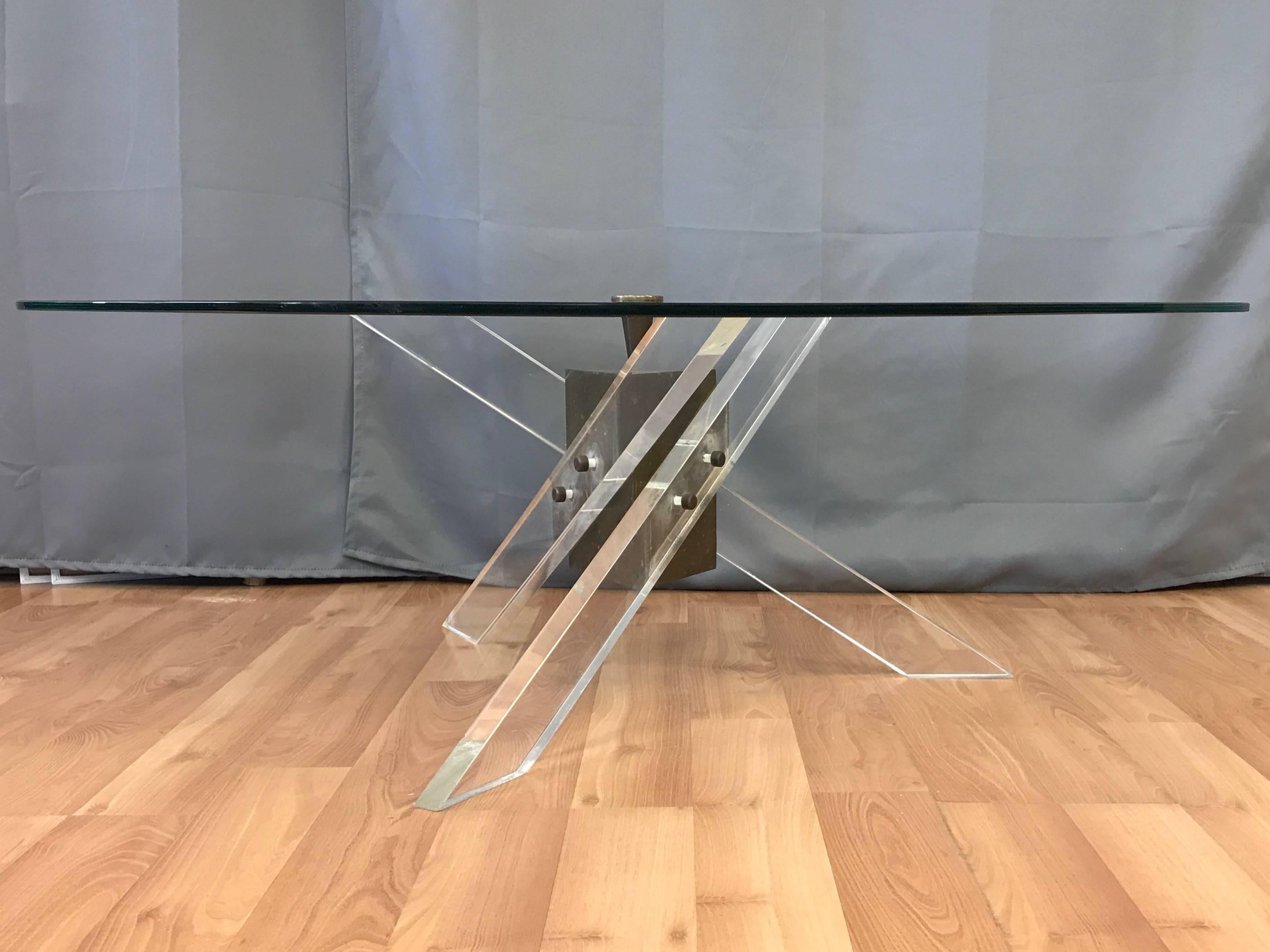 Architectural Lucite and Patinated Brass Tripod Base Coffee Table In Good Condition In San Francisco, CA