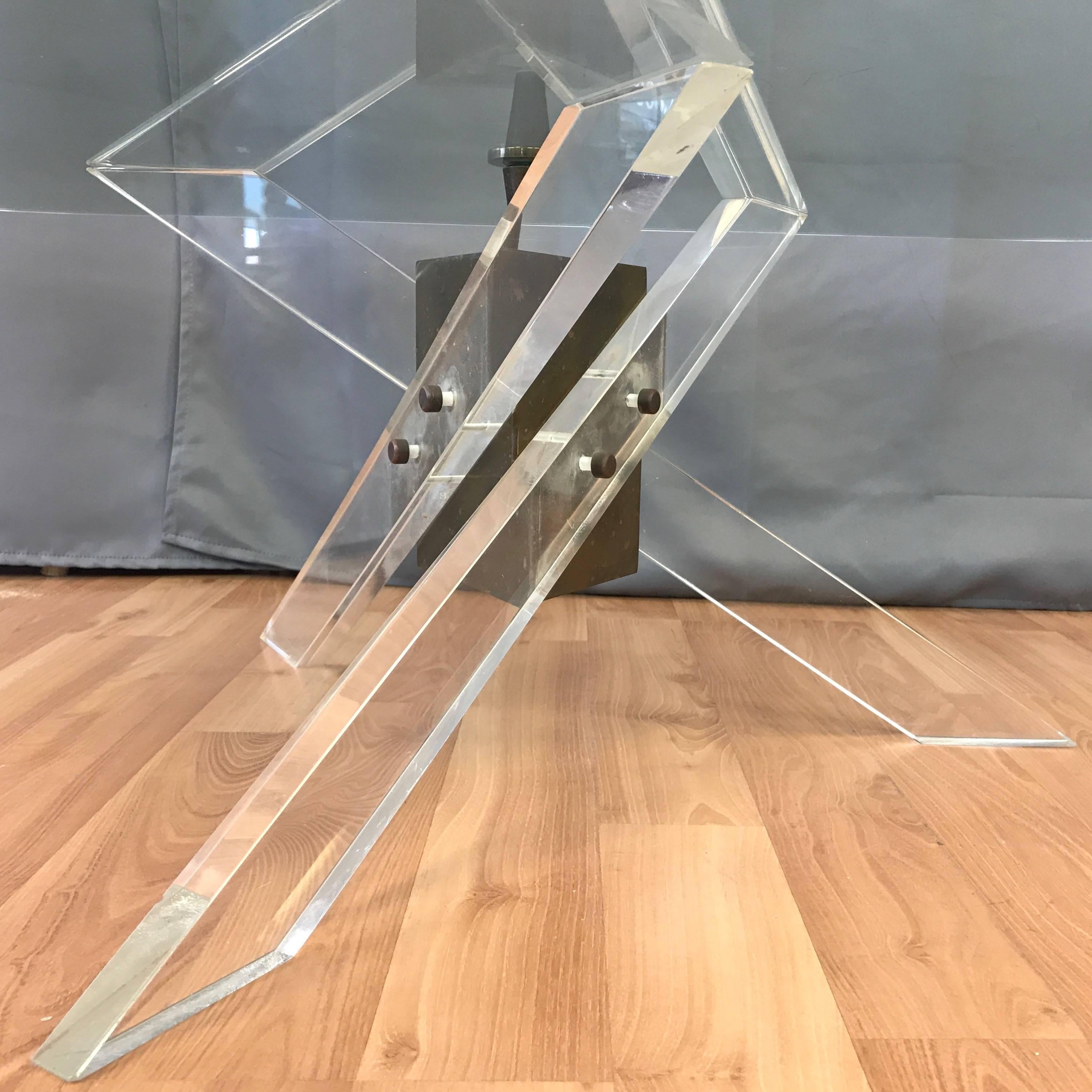 Late 20th Century Architectural Lucite and Patinated Brass Tripod Base Coffee Table