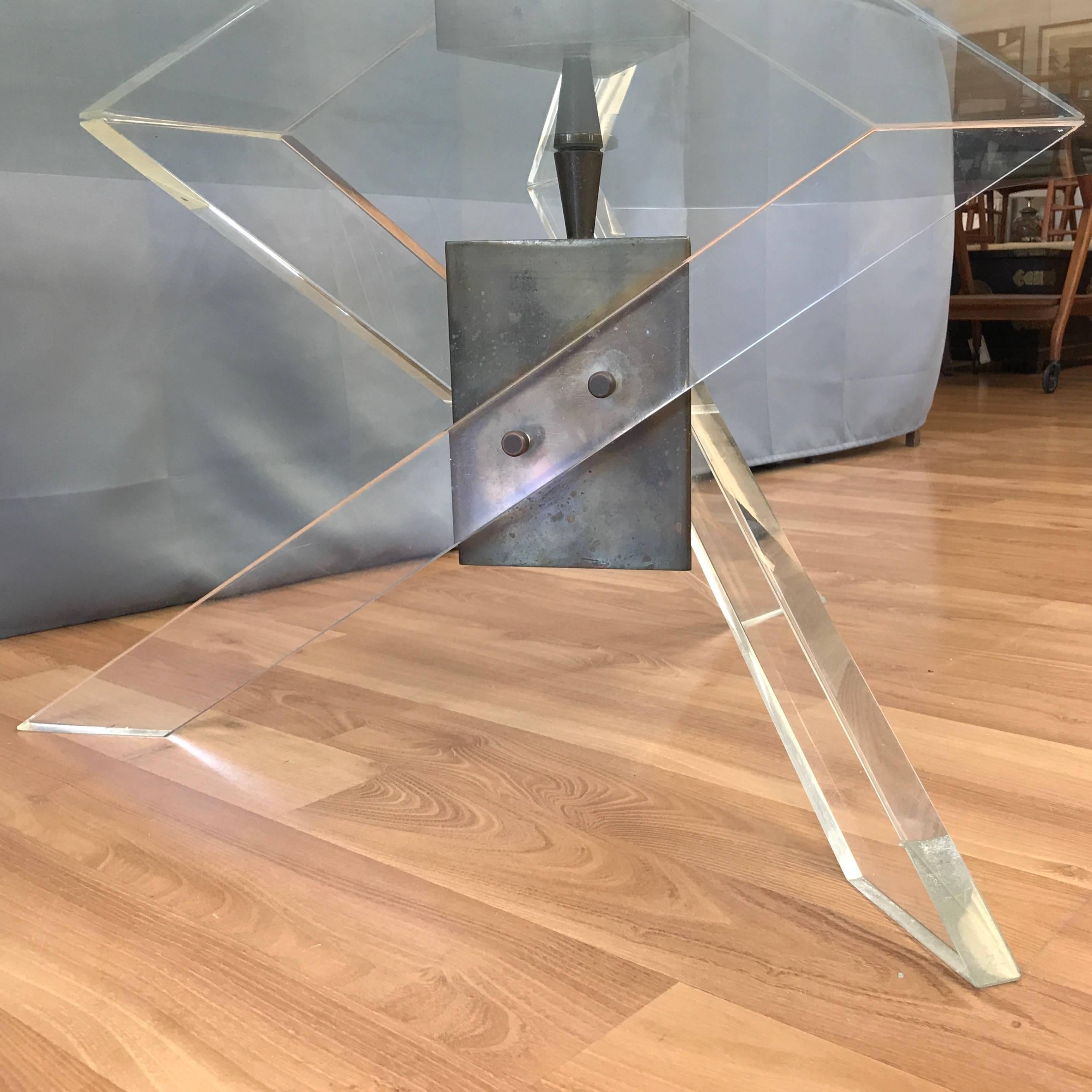 Architectural Lucite and Patinated Brass Tripod Base Coffee Table 1