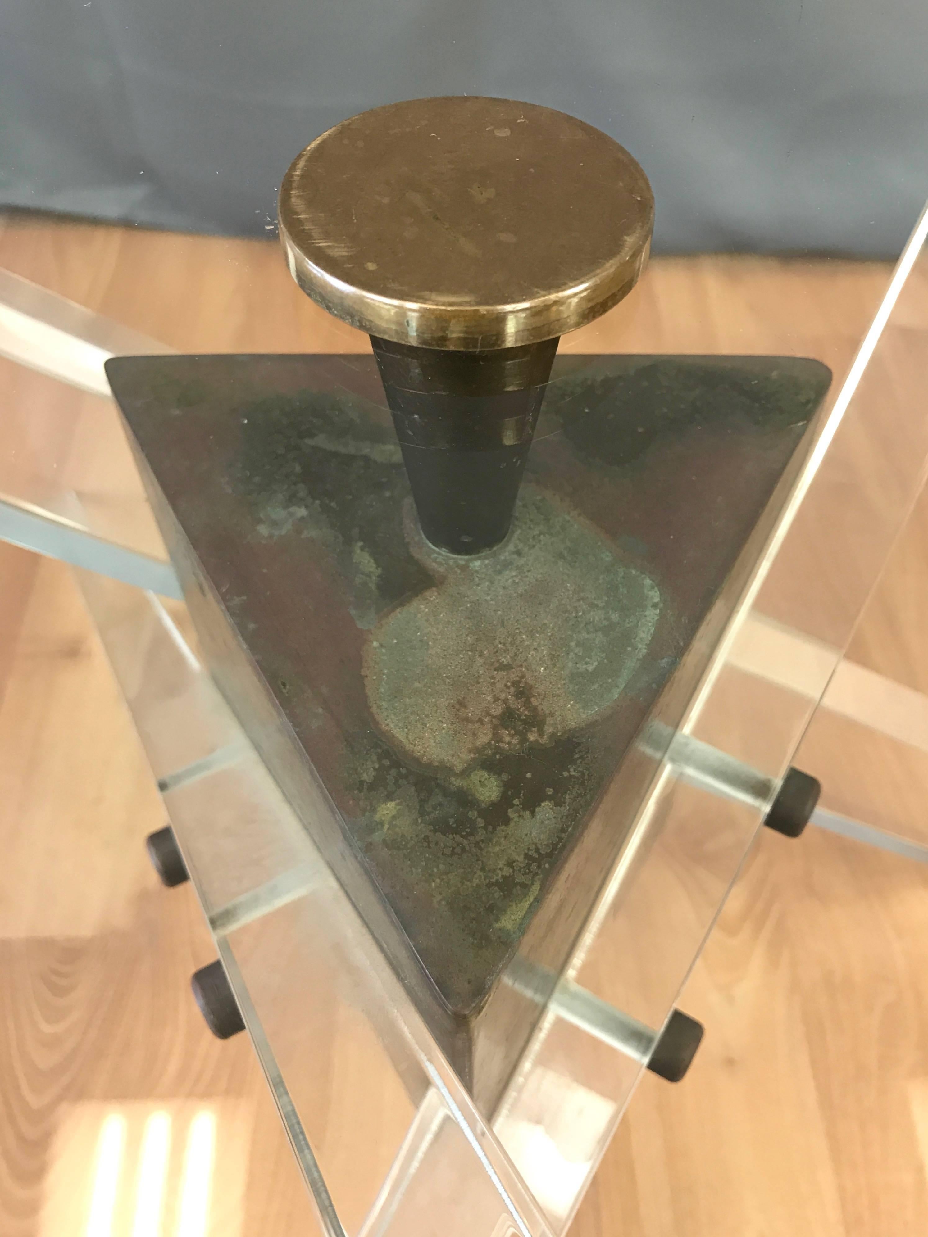 Architectural Lucite and Patinated Brass Tripod Base Coffee Table 2