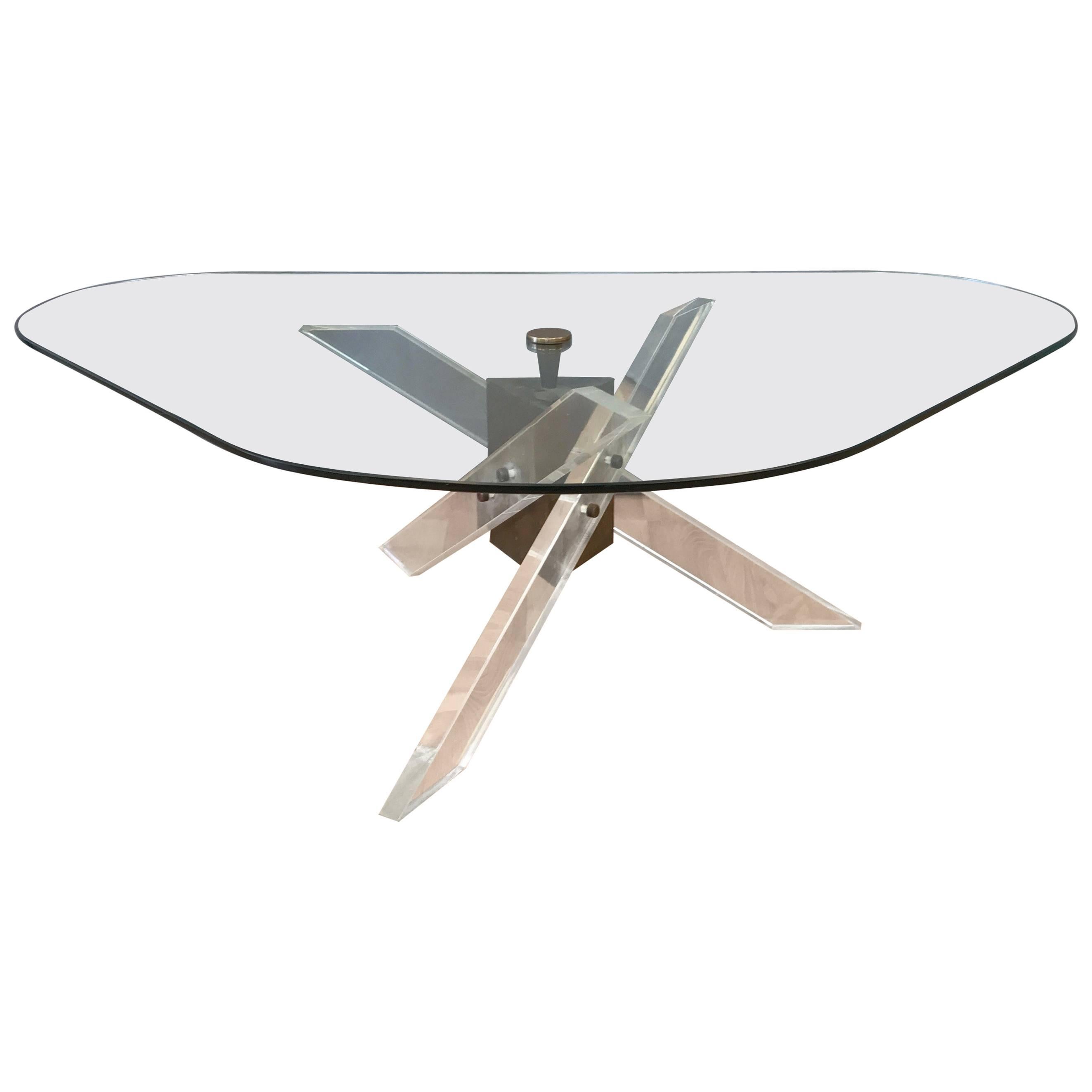 Architectural Lucite and Patinated Brass Tripod Base Coffee Table
