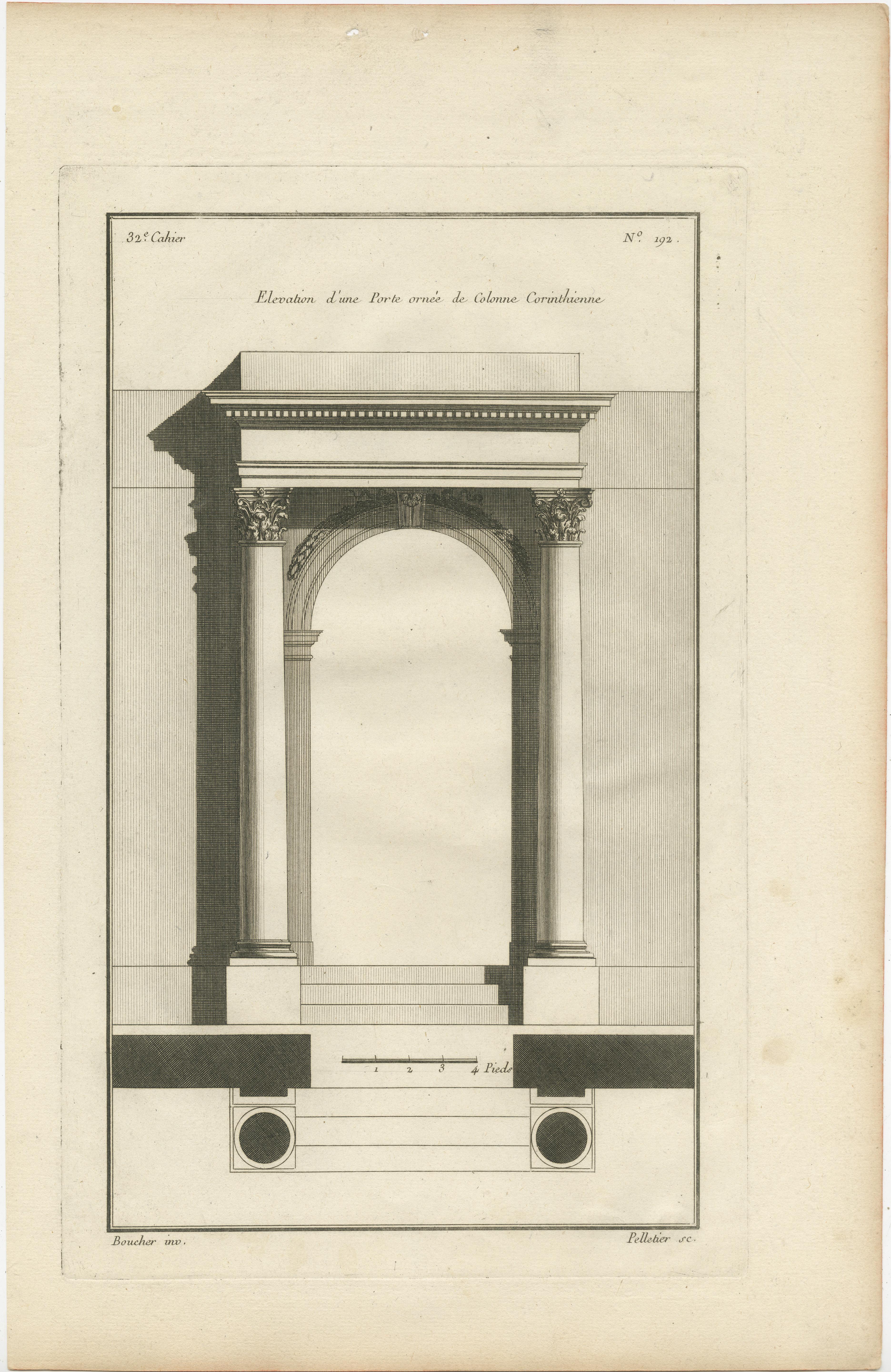 Bei diesen Drucken handelt es sich um detaillierte Architekturstiche von Jean-François de Neufforge, die seine akribische Herangehensweise an die klassische Architektur des 18. Jahrhunderts widerspiegeln.

1. Der erste Druck ist eine Ansicht eines