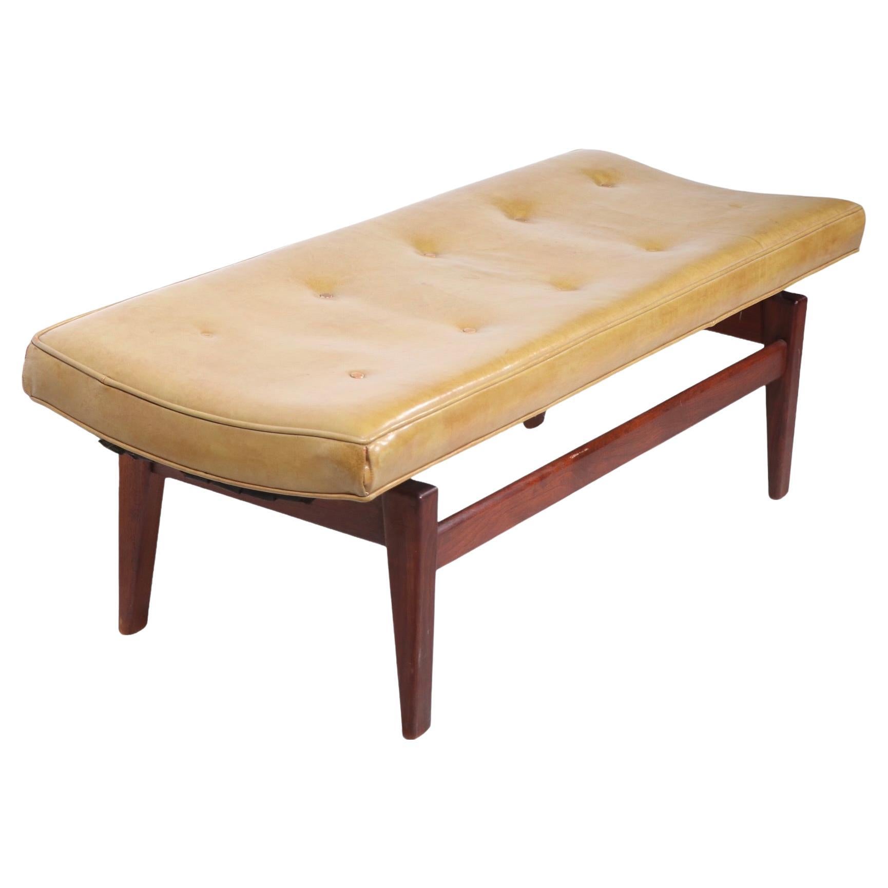 Architectural Mid Century Jens Risom Bench with Walnut Legs and Leather Top