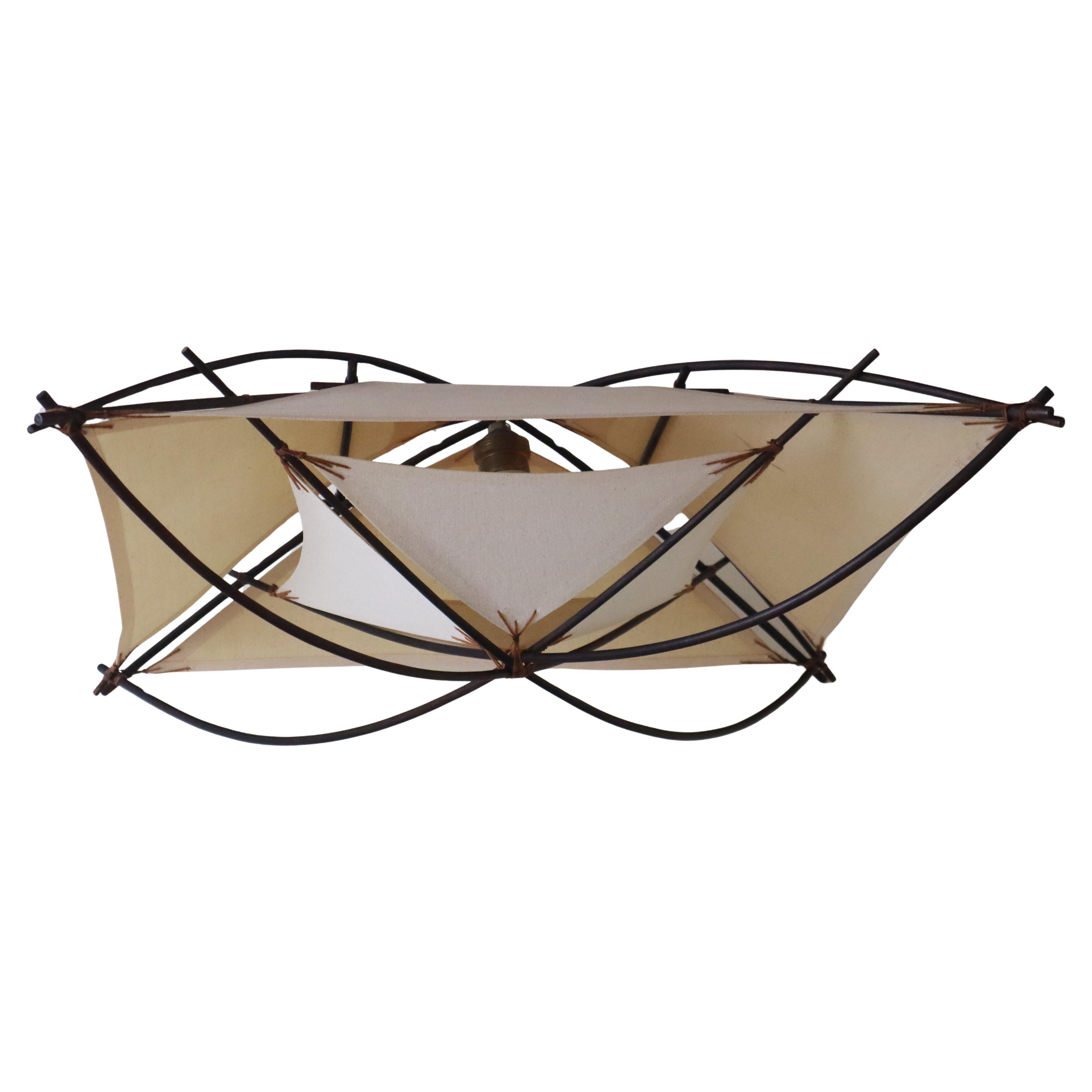 Architectural Mid-Century Modern Ceiling Light Made Of Bamboo And Textile