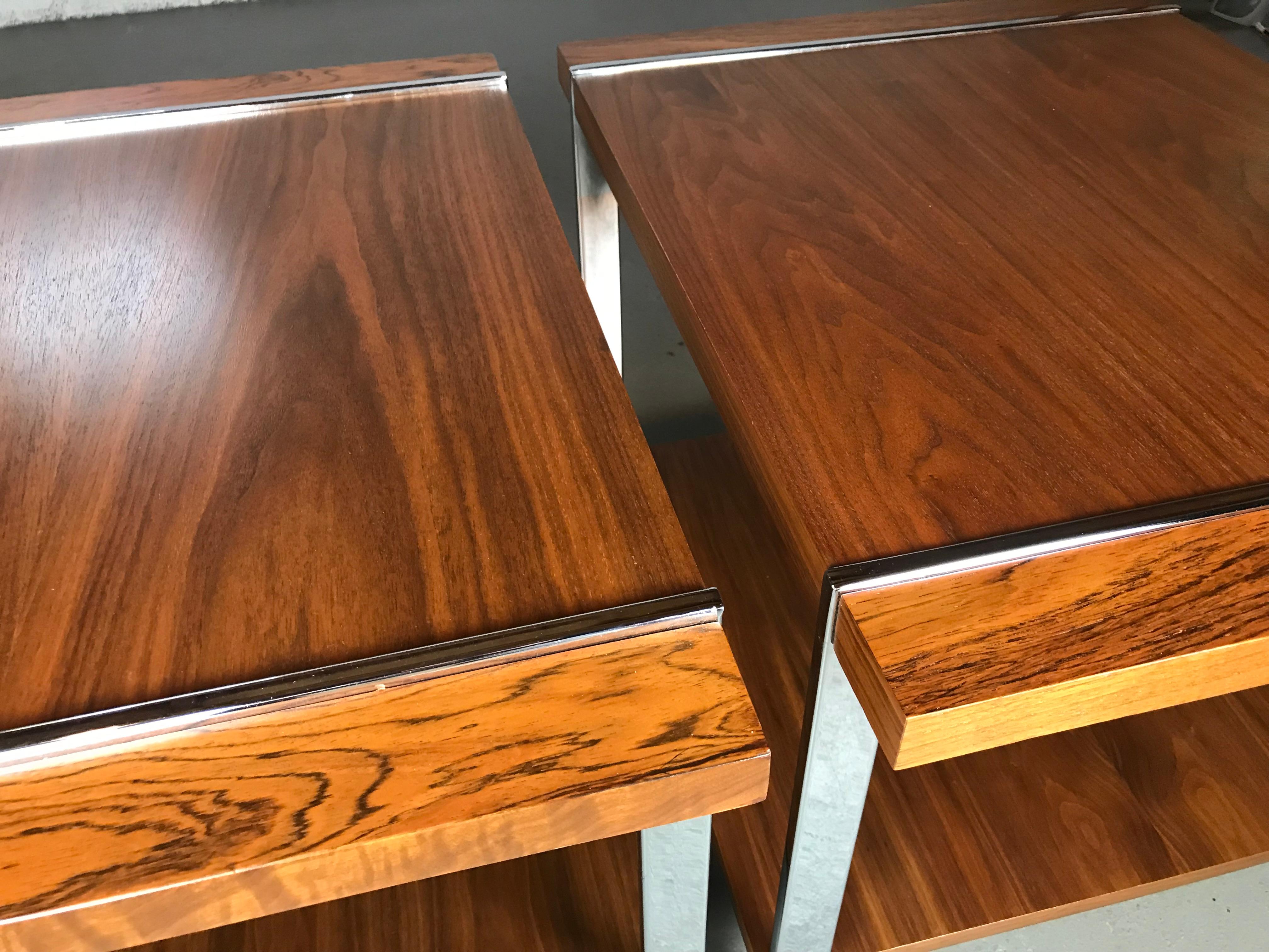 American  Mid Century End Tables in Walnut Rosewood and Chrome by Milo Baughman for Lane 