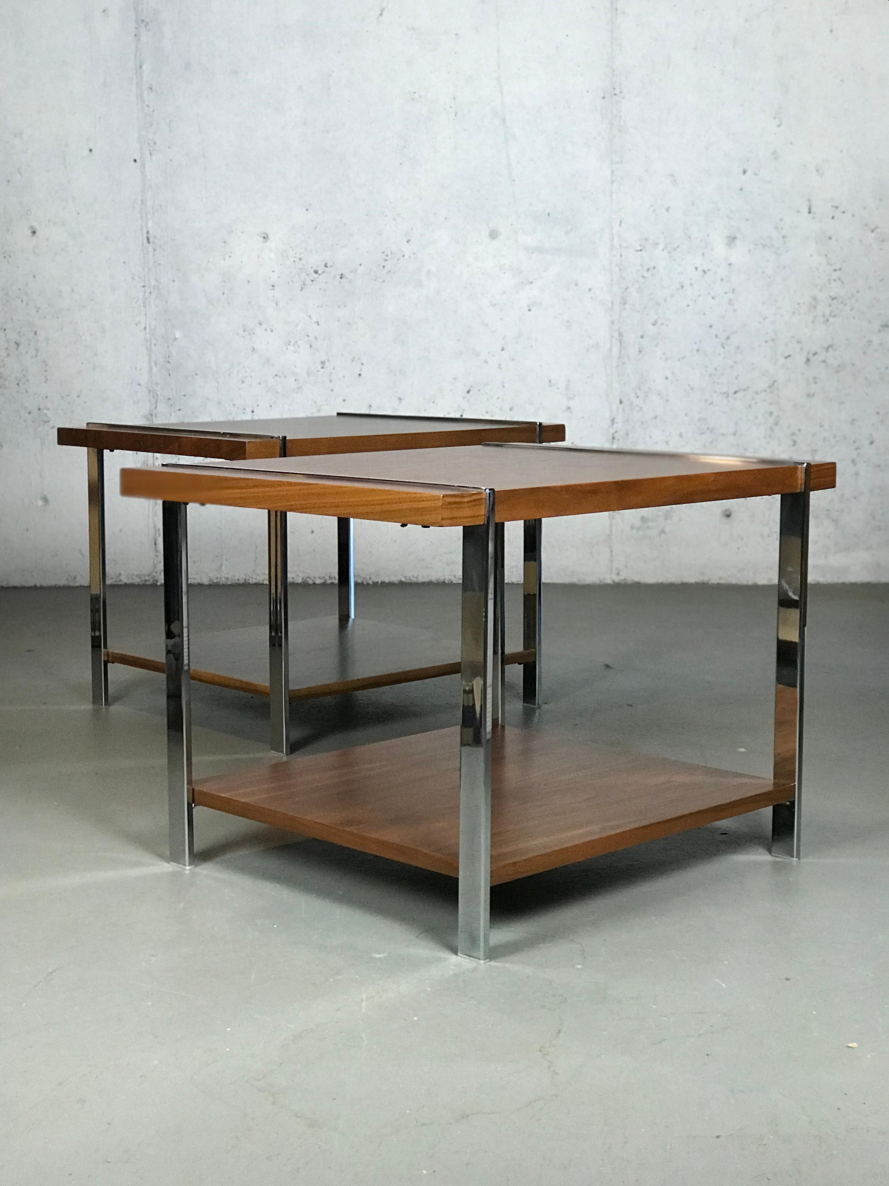 Architectural Mid-Century Modern Walnut Rosewood & Chrome End Tables by Lane  1