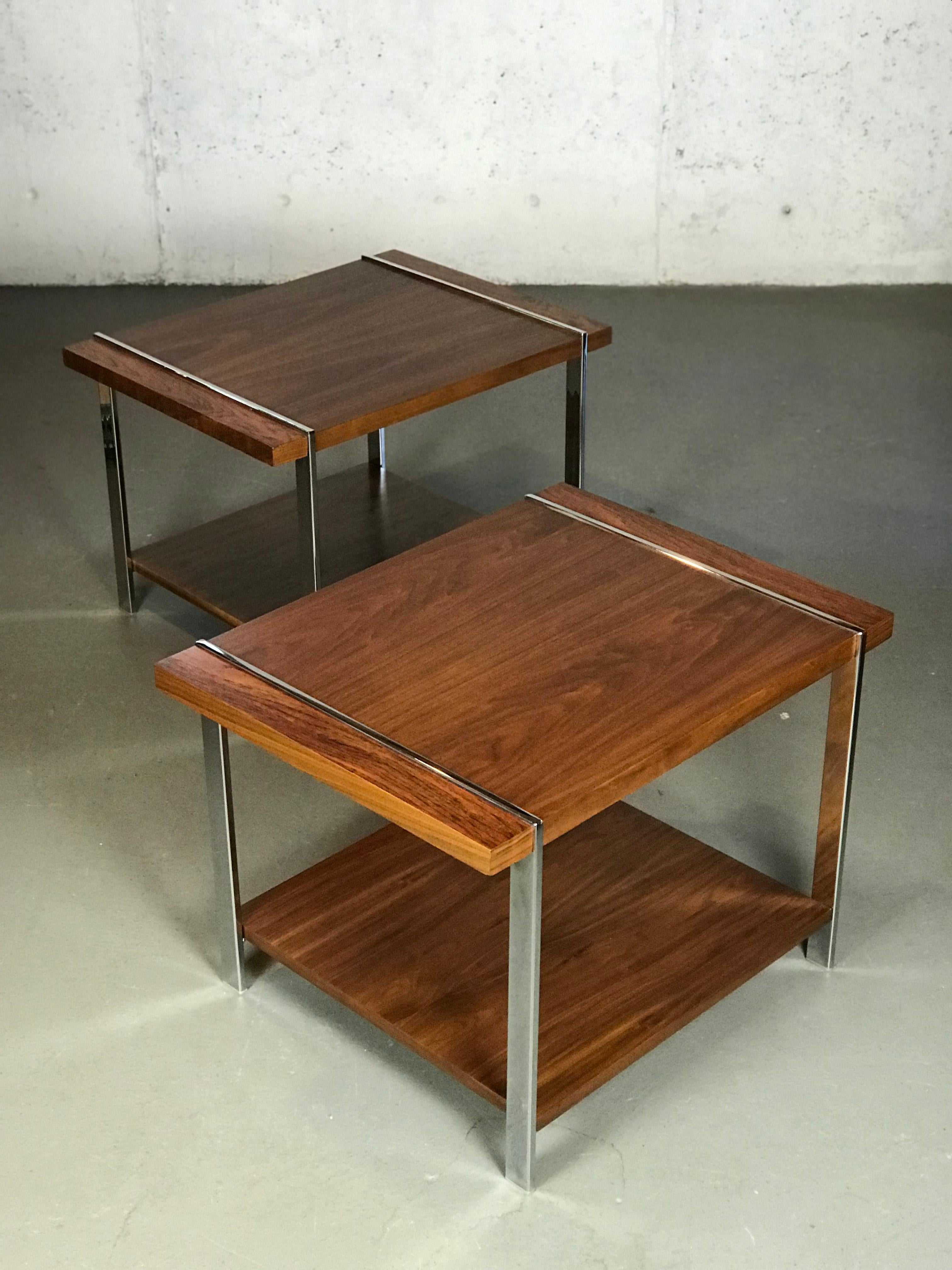 Architectural Mid-Century Modern Walnut Rosewood & Chrome End Tables by Lane  2