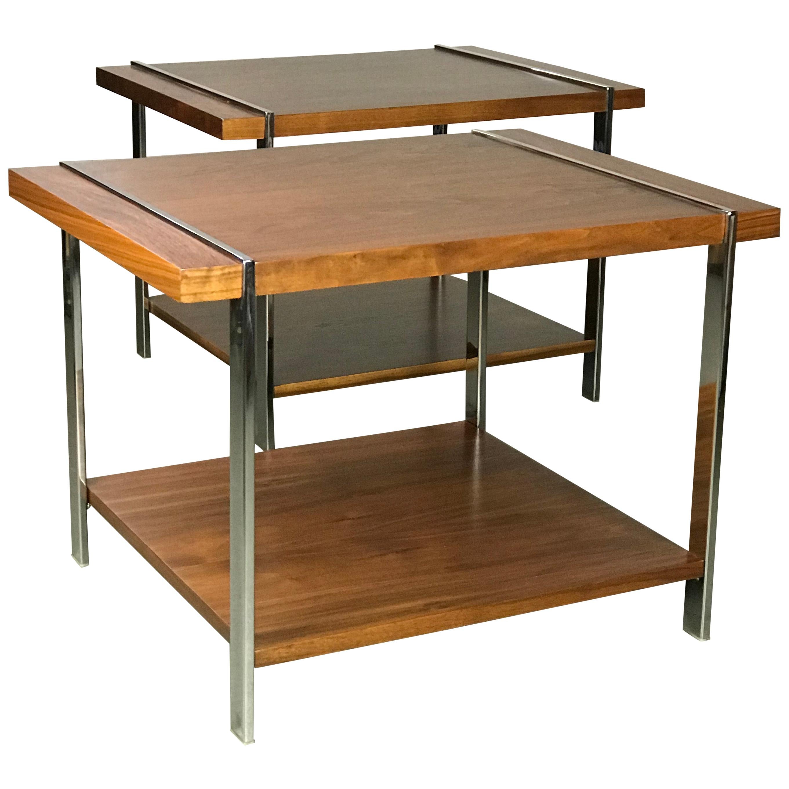 Architectural Mid-Century Modern Walnut Rosewood & Chrome End Tables by Lane 