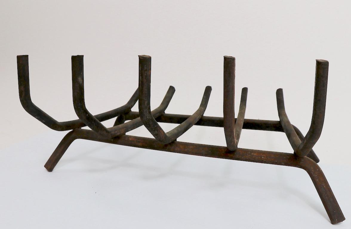 Architectural Midcentury Wrought Iron Fireplace Grate Log Holder In Good Condition In New York, NY