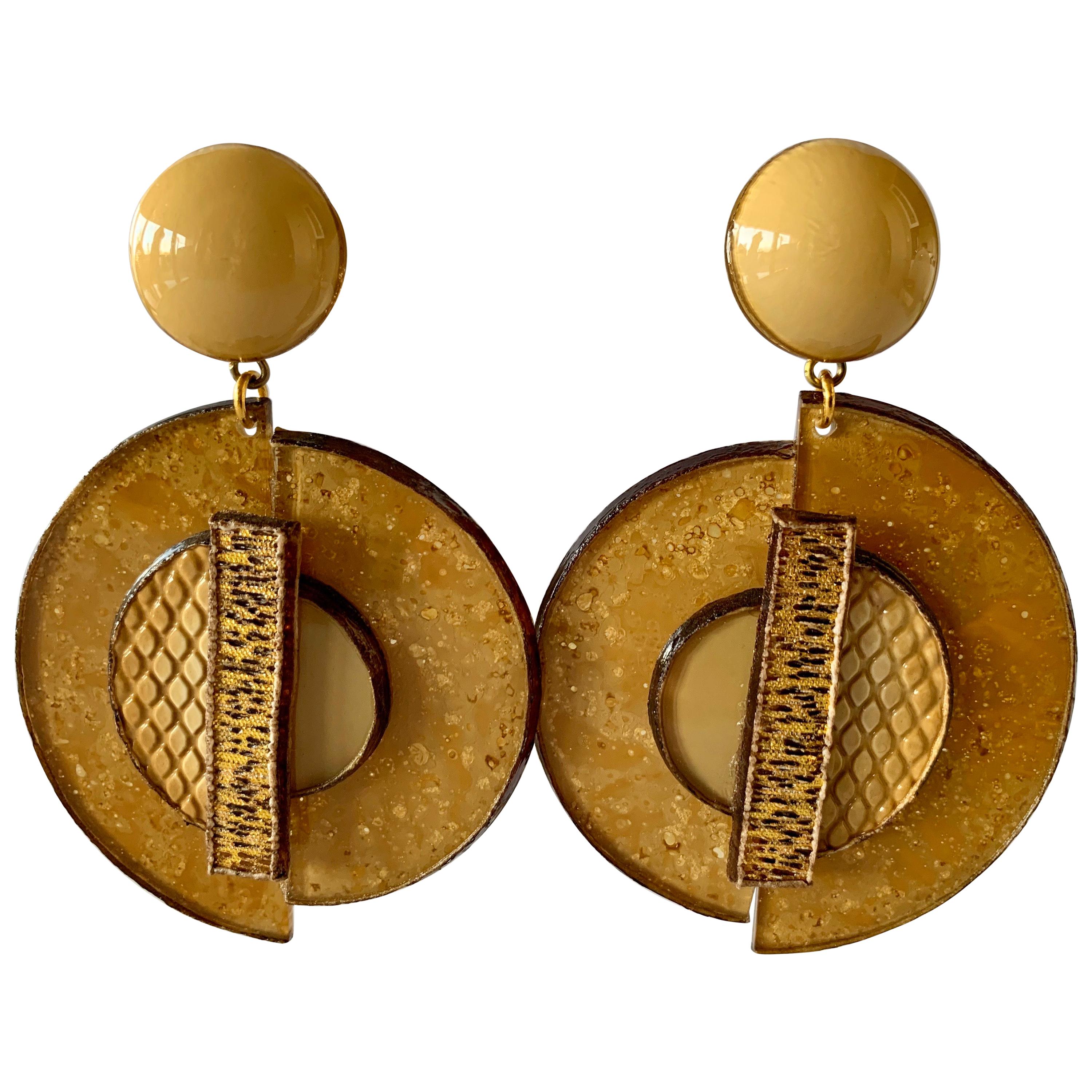 Architectural Mixed Material Contemporary Metallic Gold Statement Earrings 