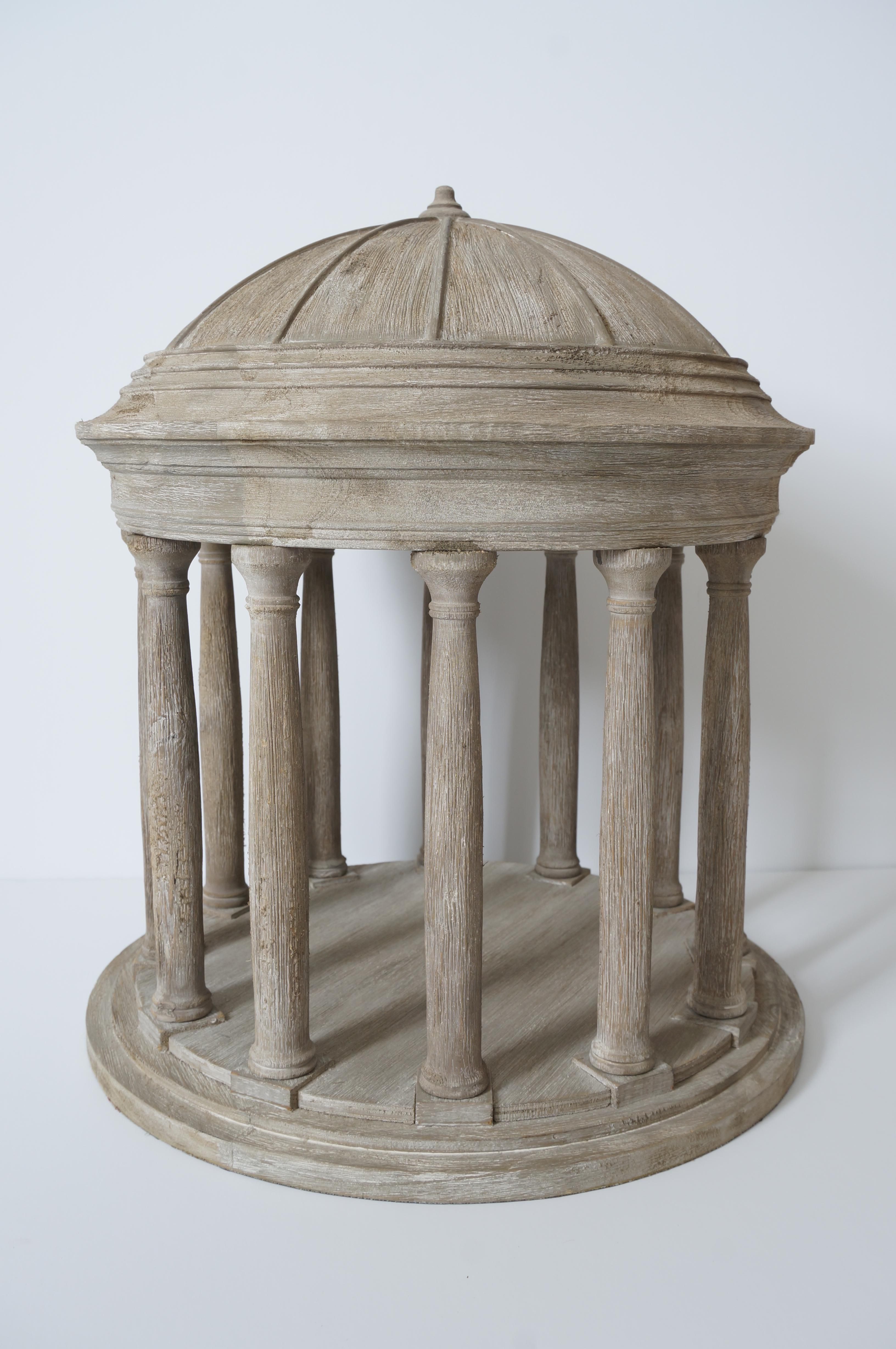 This stylish architectural model dates to the 1980s and is a stylized model of a Palladian temple/gazebo that the English country house would have had on their properties. The piece has a lite white/wash over a wooden frame and it is attributed to