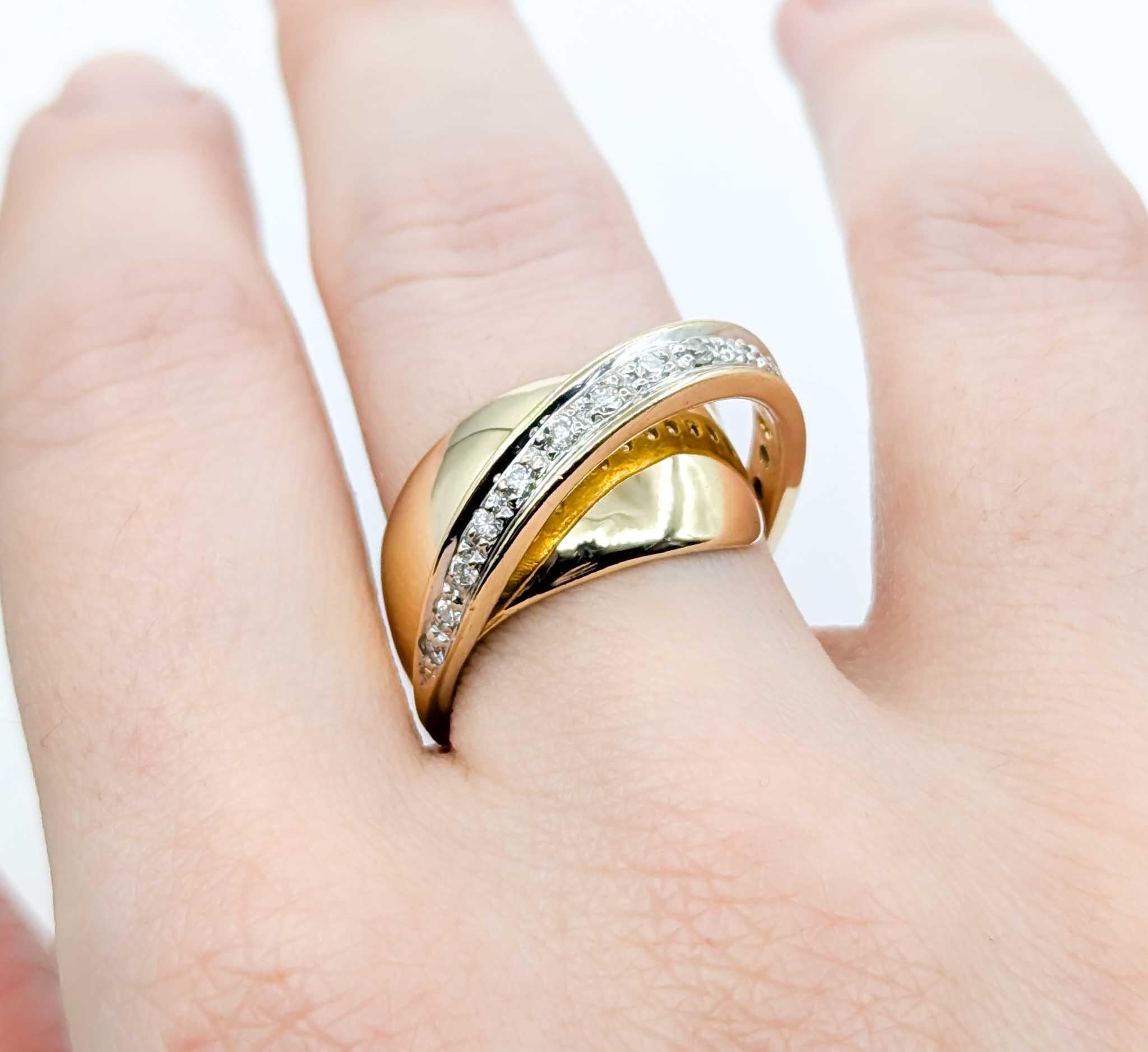 Contemporary Architectural Modern Diamond Crossover Ring in Yellow Gold For Sale