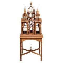 Architectural Natural Wood Bird Cage on Stand
