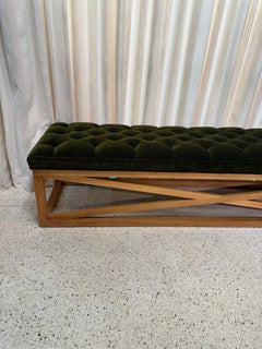 Architectural Oak and Tufted Green Mohair Velvet Gallery Long Bench