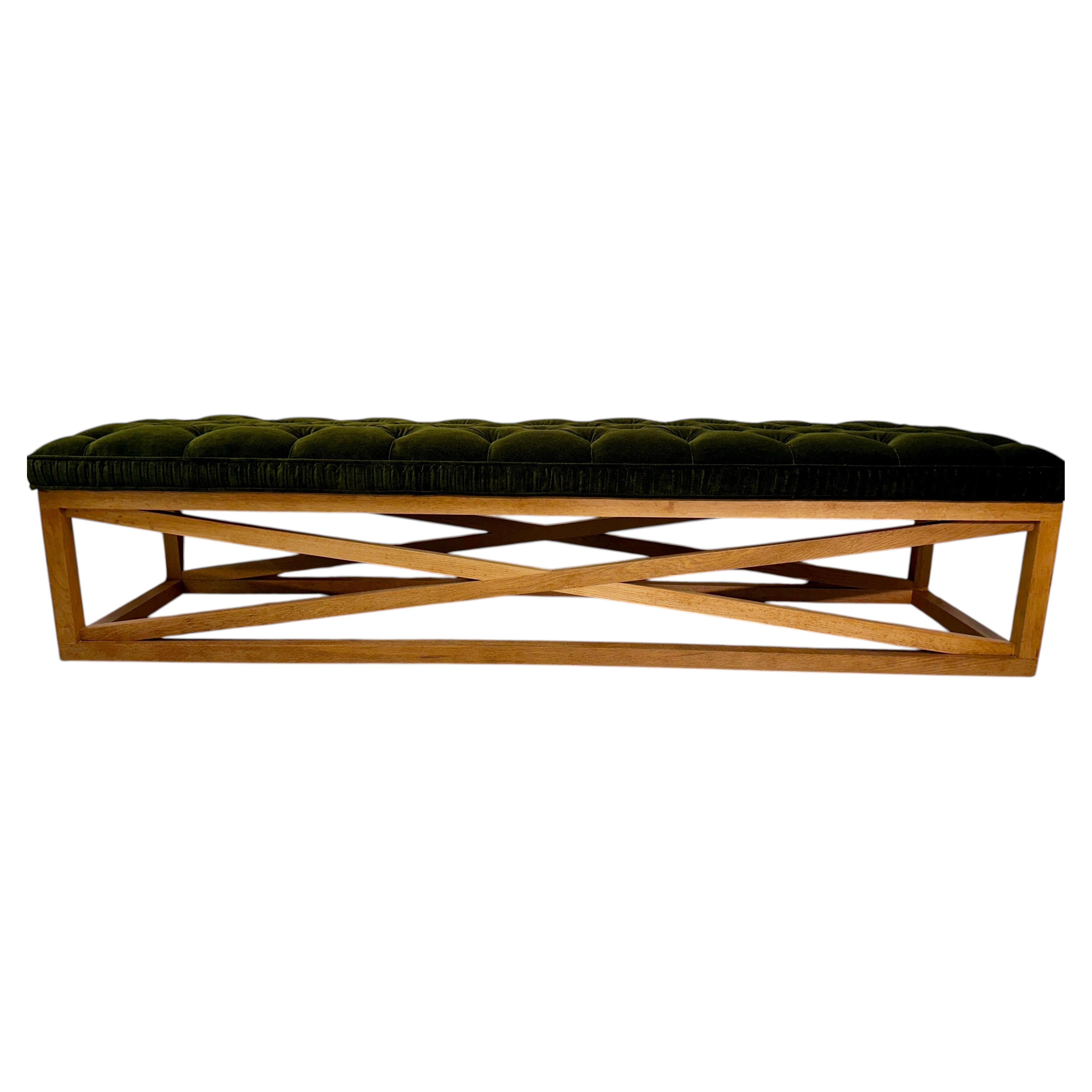 Architectural Oak and Tufted Green Mohair Velvet Gallery Long Bench For Sale