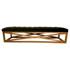 Architectural Oak and Tufted Green Mohair Velvet Gallery Long Bench