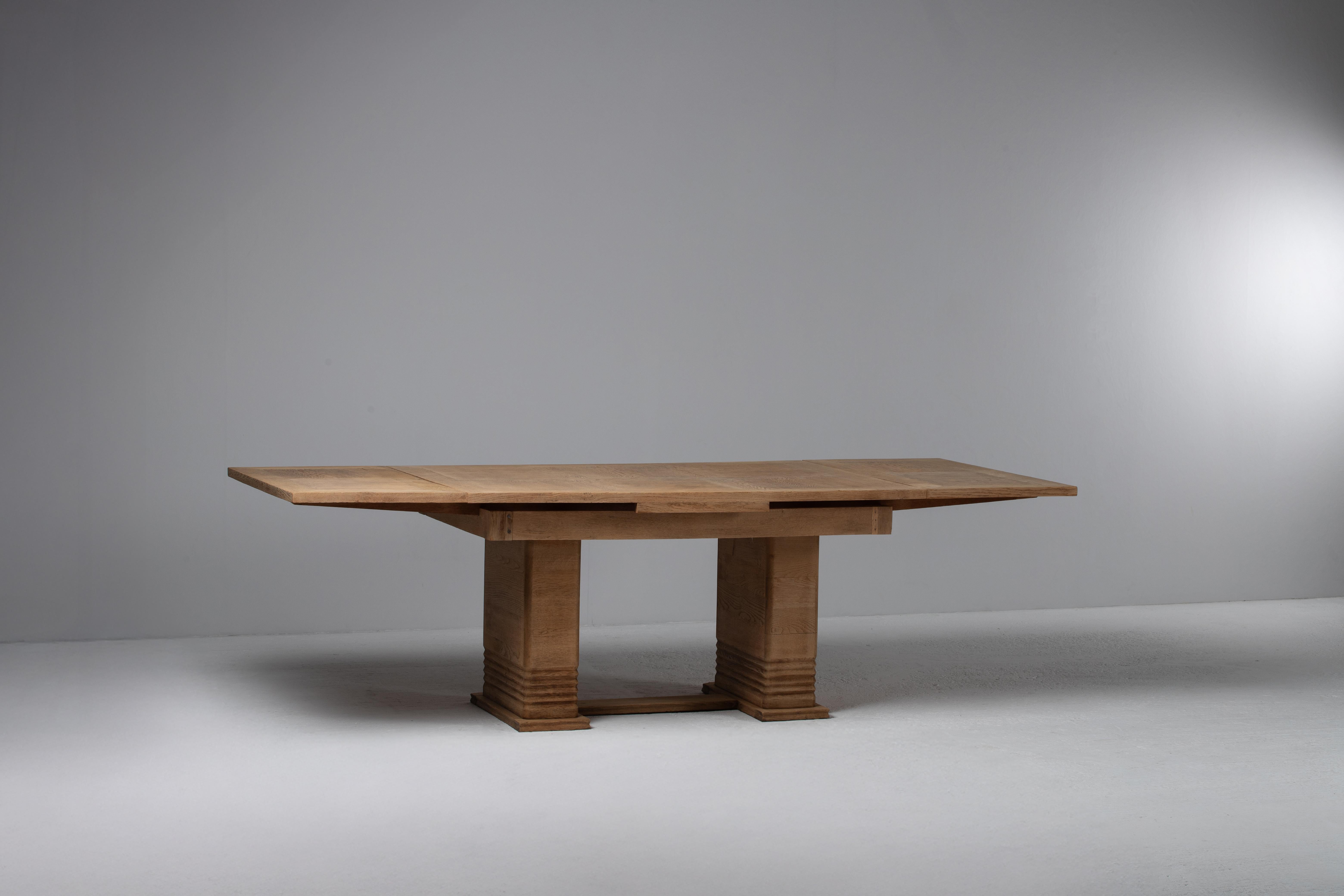 Brutalisme Architectural Oak Dining Table with Parquet Top, France, 1950s en vente