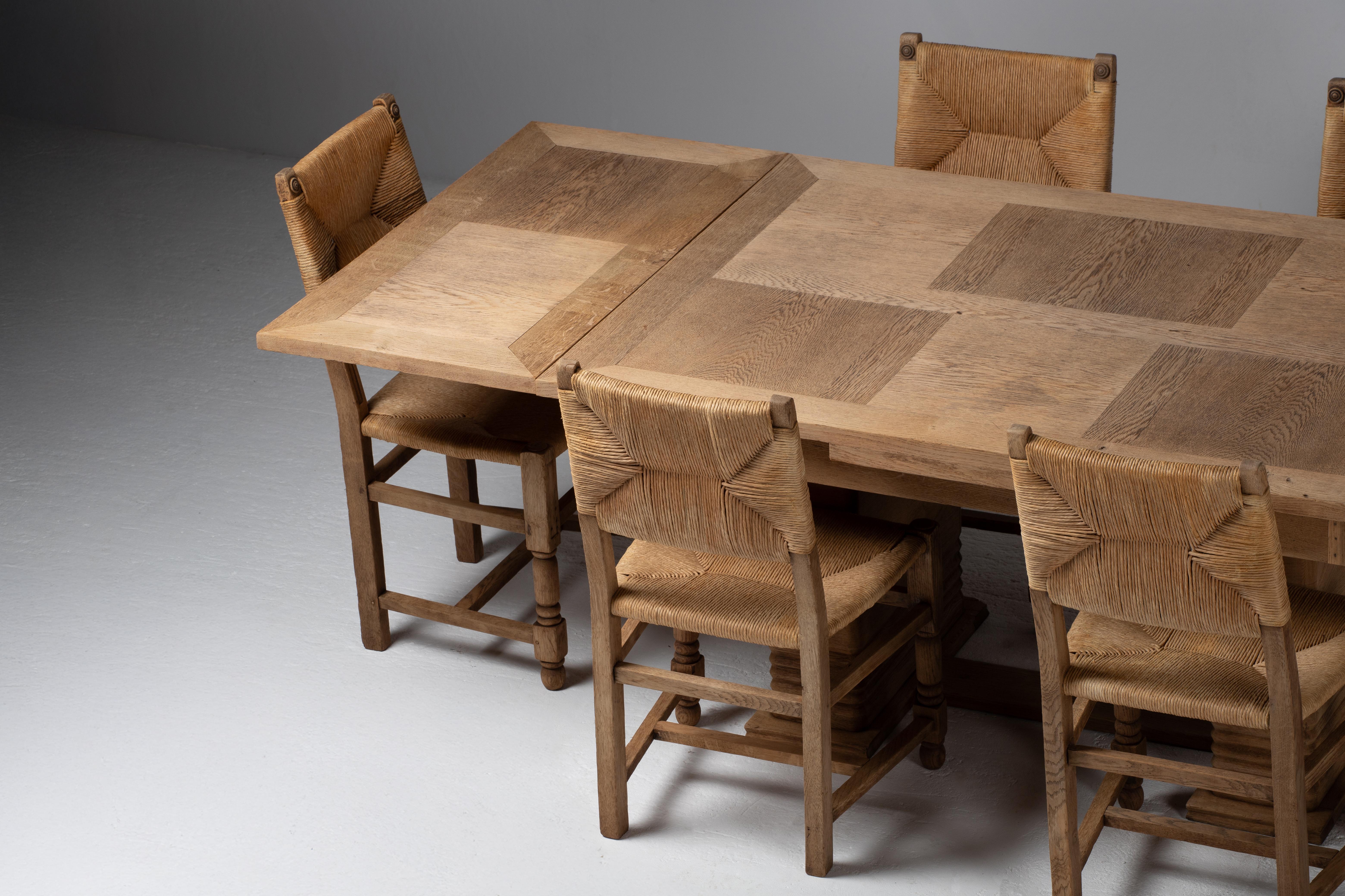 Chêne Architectural Oak Dining Table with Parquet Top, France, 1950s en vente