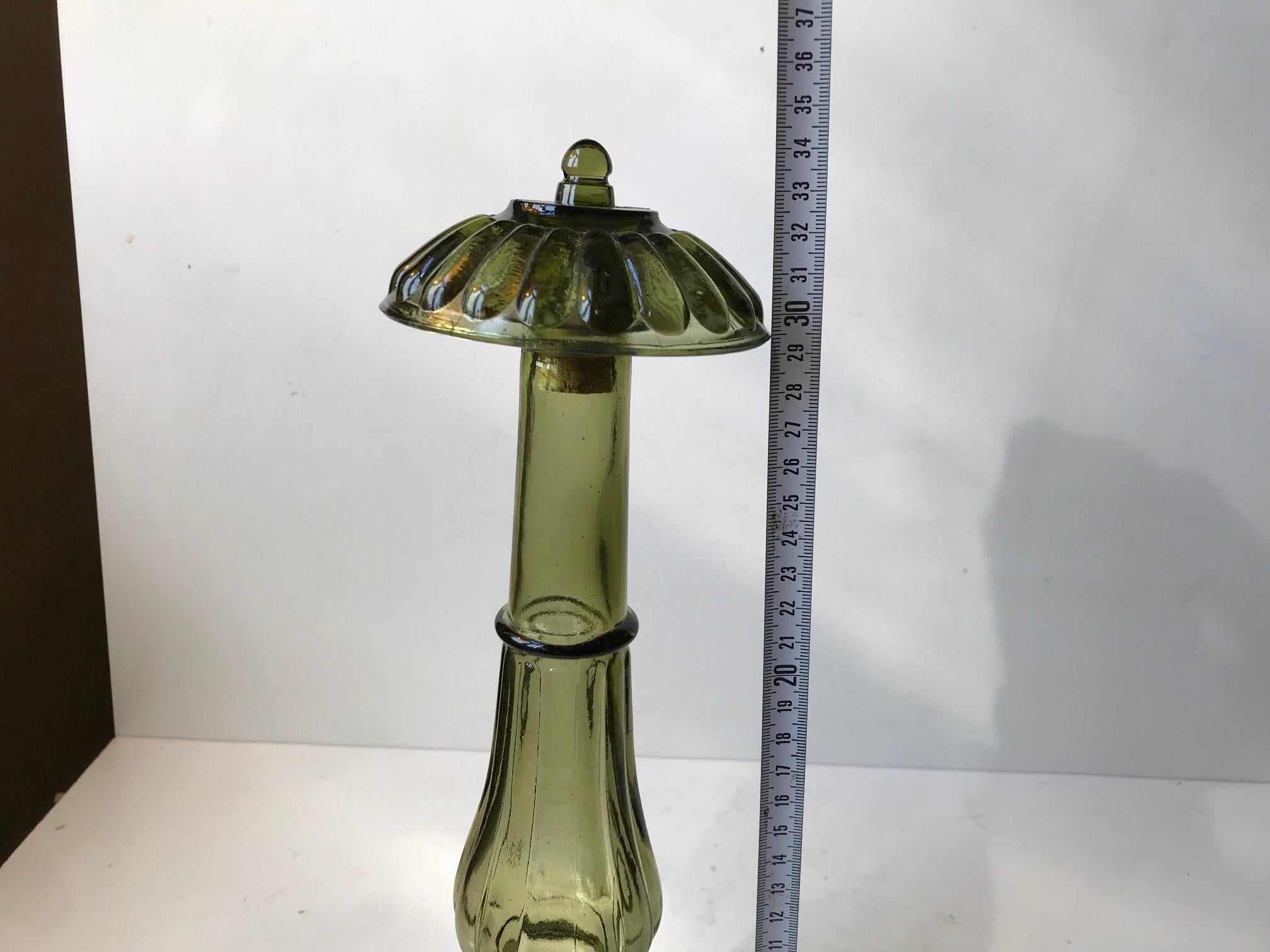 Art Glass Architectural Olive Green Glass Decanter from Empoli, Italy, 1970s For Sale