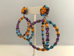 Architectural Orange, Purple, and Turquoise Double Hoop Diamante Earrings