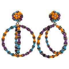 Architectural Orange, Purple, and Turquoise Double Hoop Diamante Earrings 