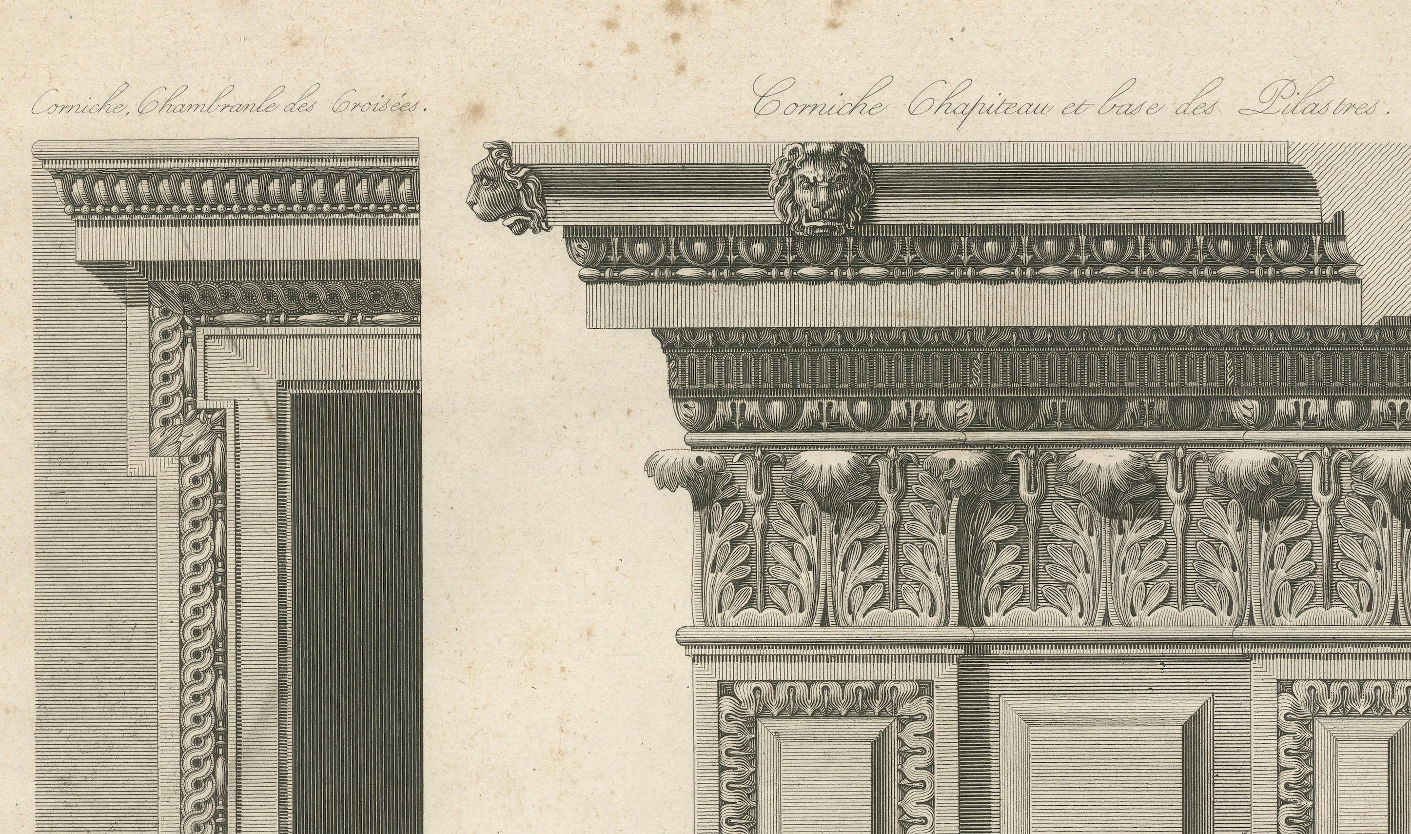 Ornamento arquitectónico del Louvre - Cornisas y balaustrada de Baltard, 1799 Grabado en venta