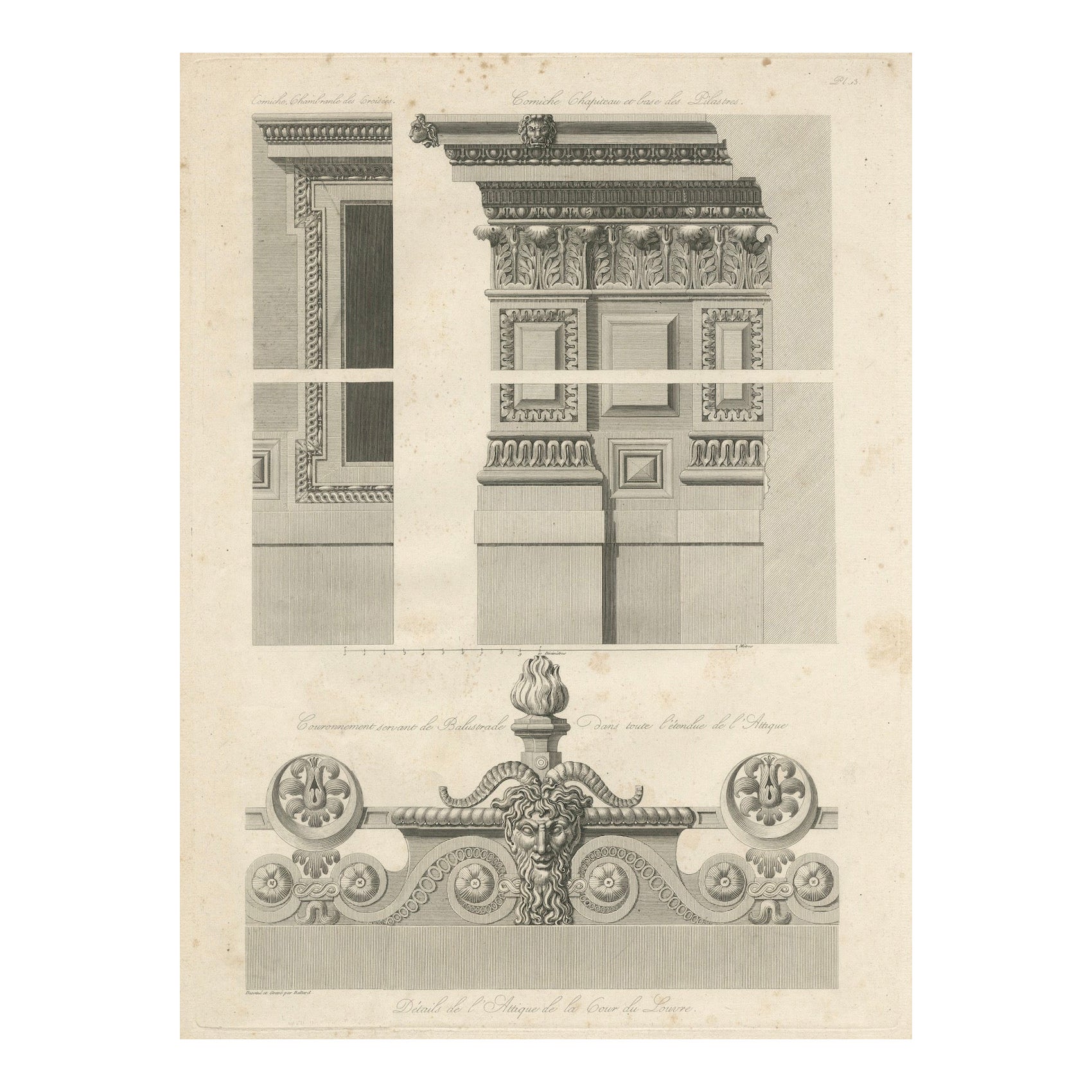 Architectural Ornament of the Louvre – Cornices and Balustrade by Baltard, 1799