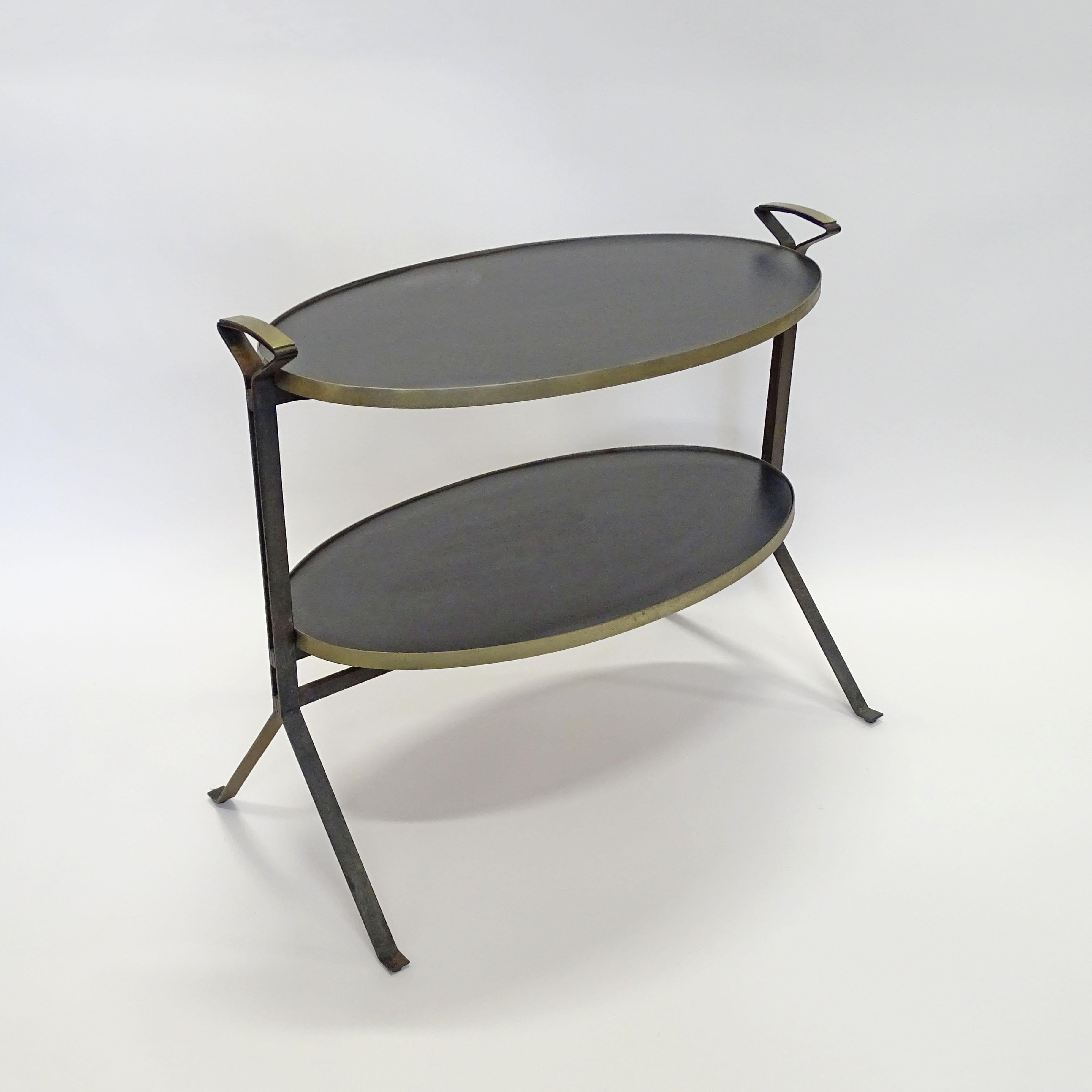 Nickel Architectural Oval Two Tier Serving Table with Handles, Italy, 1950s For Sale