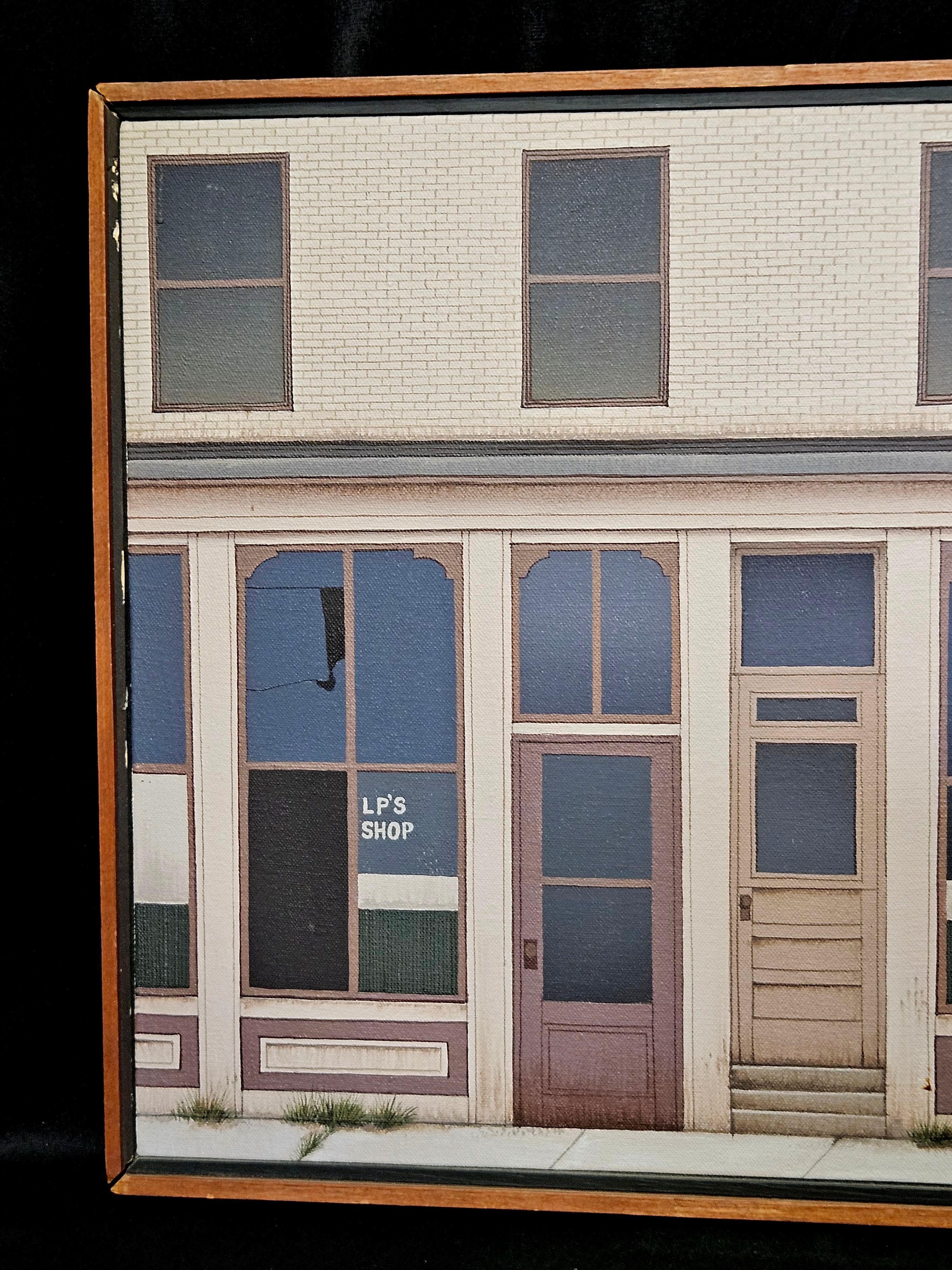 Photo realist acrylic painting on canvas, architectural scene of village storefronts, signed Sue Wall (Sue Wall b. 1950 NY, noted for architectural paintings.
 
